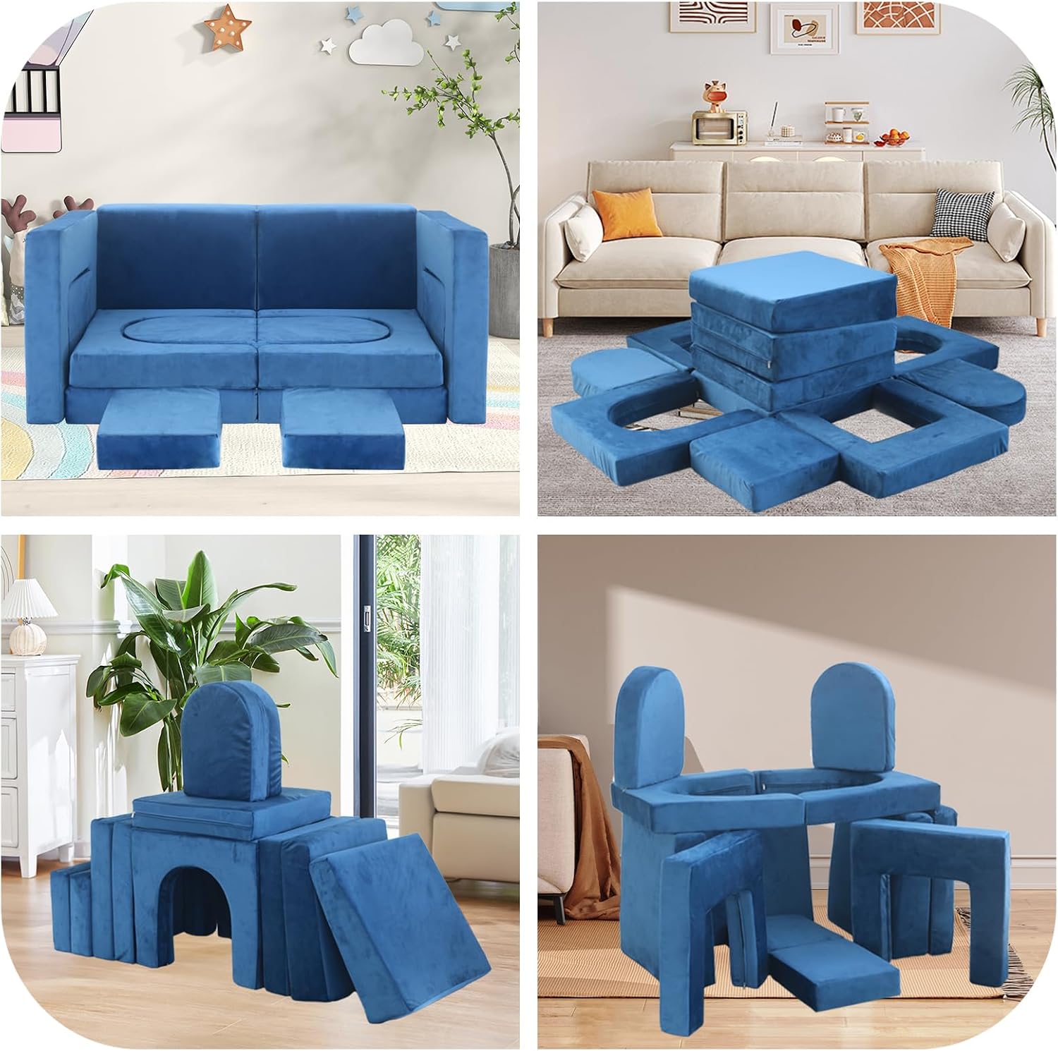 12pcs Modular Kids Play Couch,Kids Couch Building Fort Toddler Modular Sectional Sofa,DIY Creativing Convertible Foam Play Couch for Playroom Bedroom Furniture(Dark Blue,12PACK)