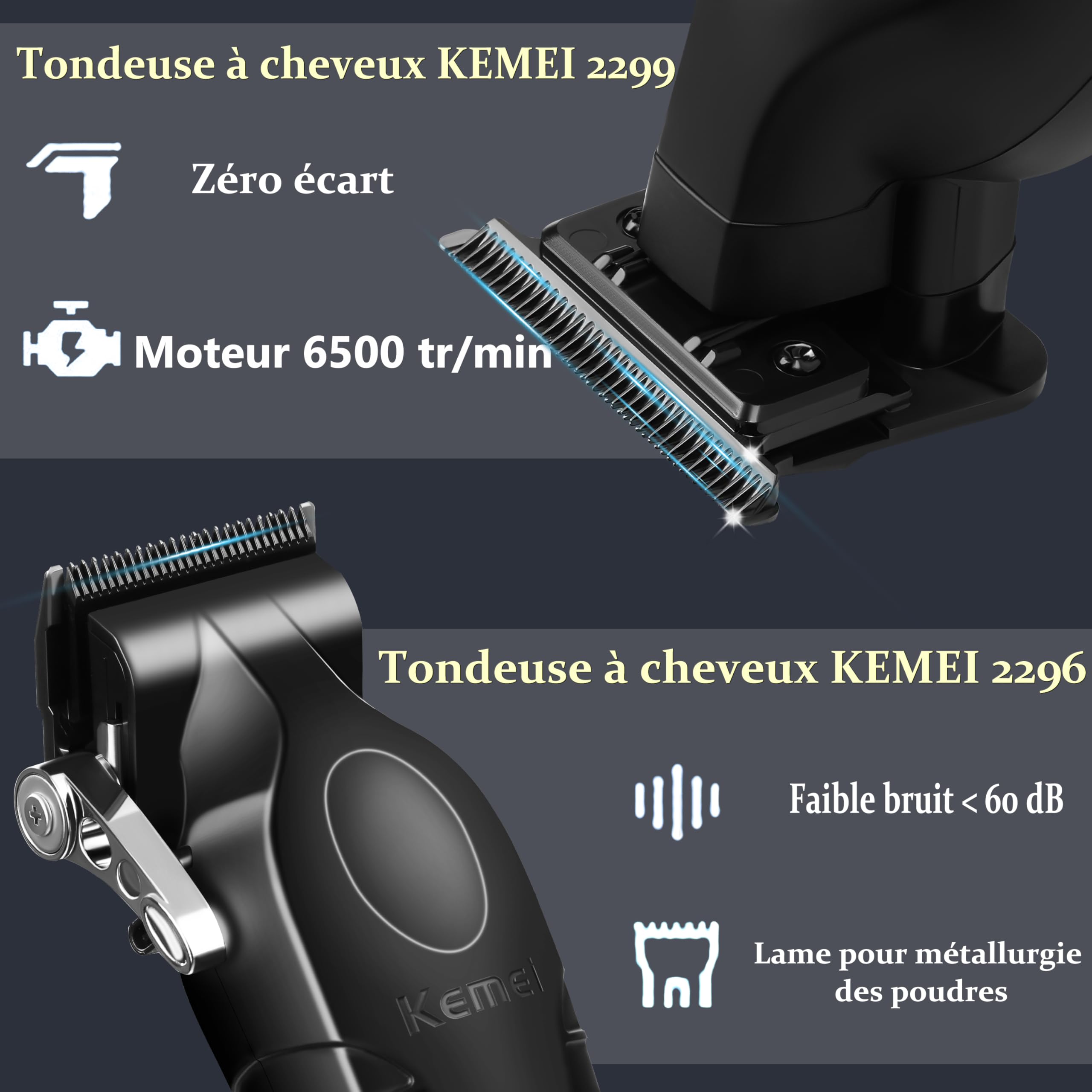 KEMEI Tondeuses à cheveux professionnelles sans fil, Rasoir électrique avec têtes de rechange