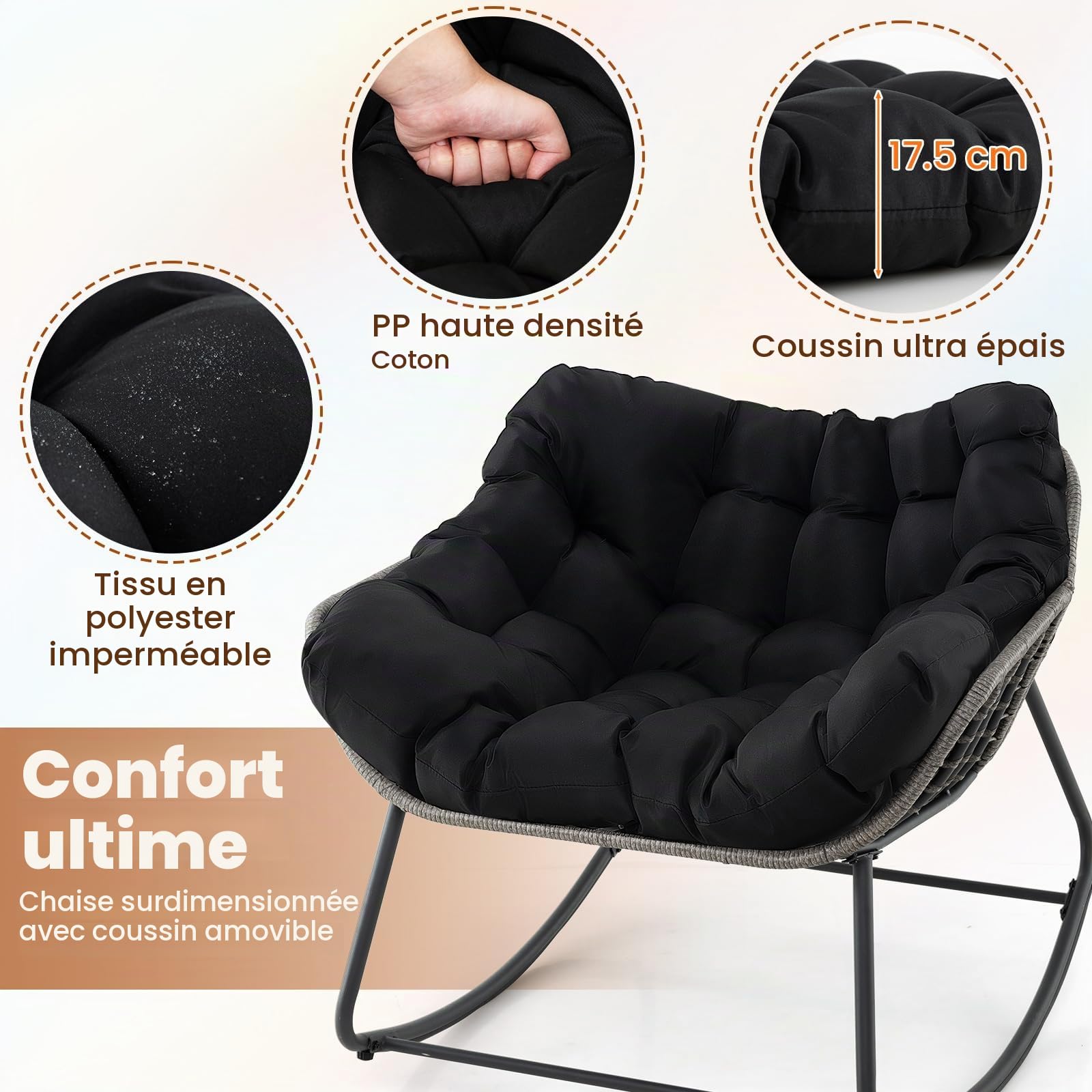 GIANTEX Chaise a Bascule, Coussin Doux Amovible, Assise en Rotin PE, Fauteuil a Bascule Large et Enveloppant, Structure en Métal, Rocking Chair pour Salon, Bureau, Balcon, Charge 150 kg, Noir