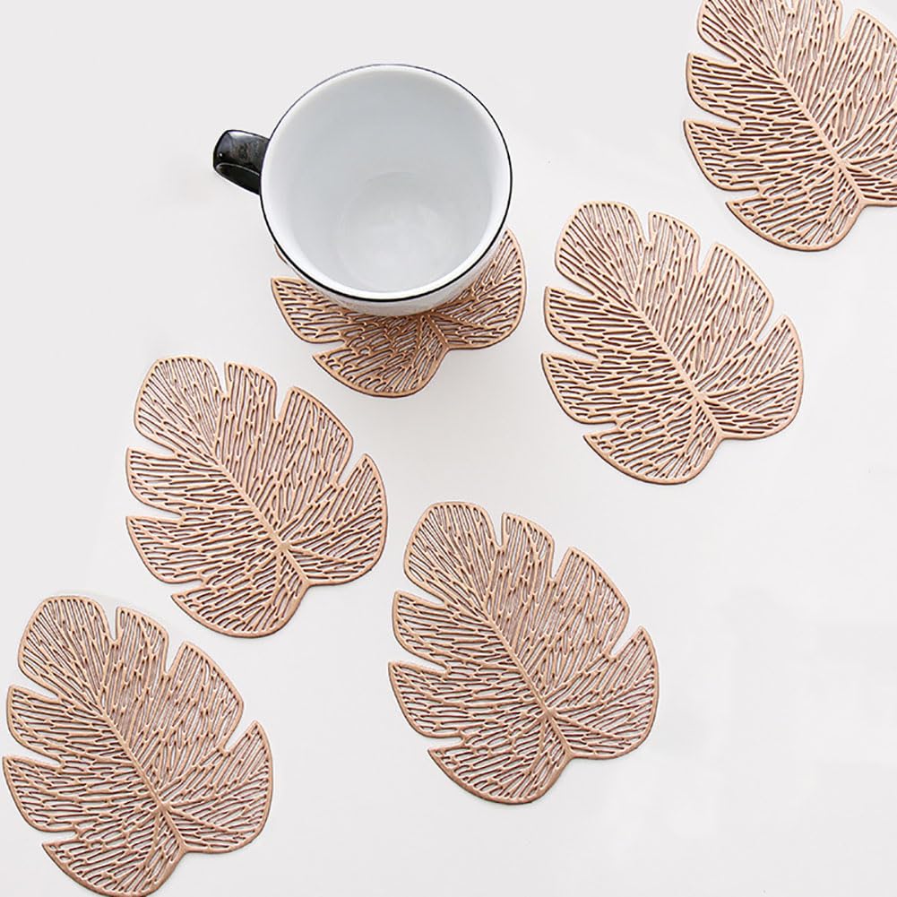 SCF2017 PVC Banana Leaf Shape Coasters for Drink Cup Mats Small Cute Placemats Set of 6,Rose Gold
