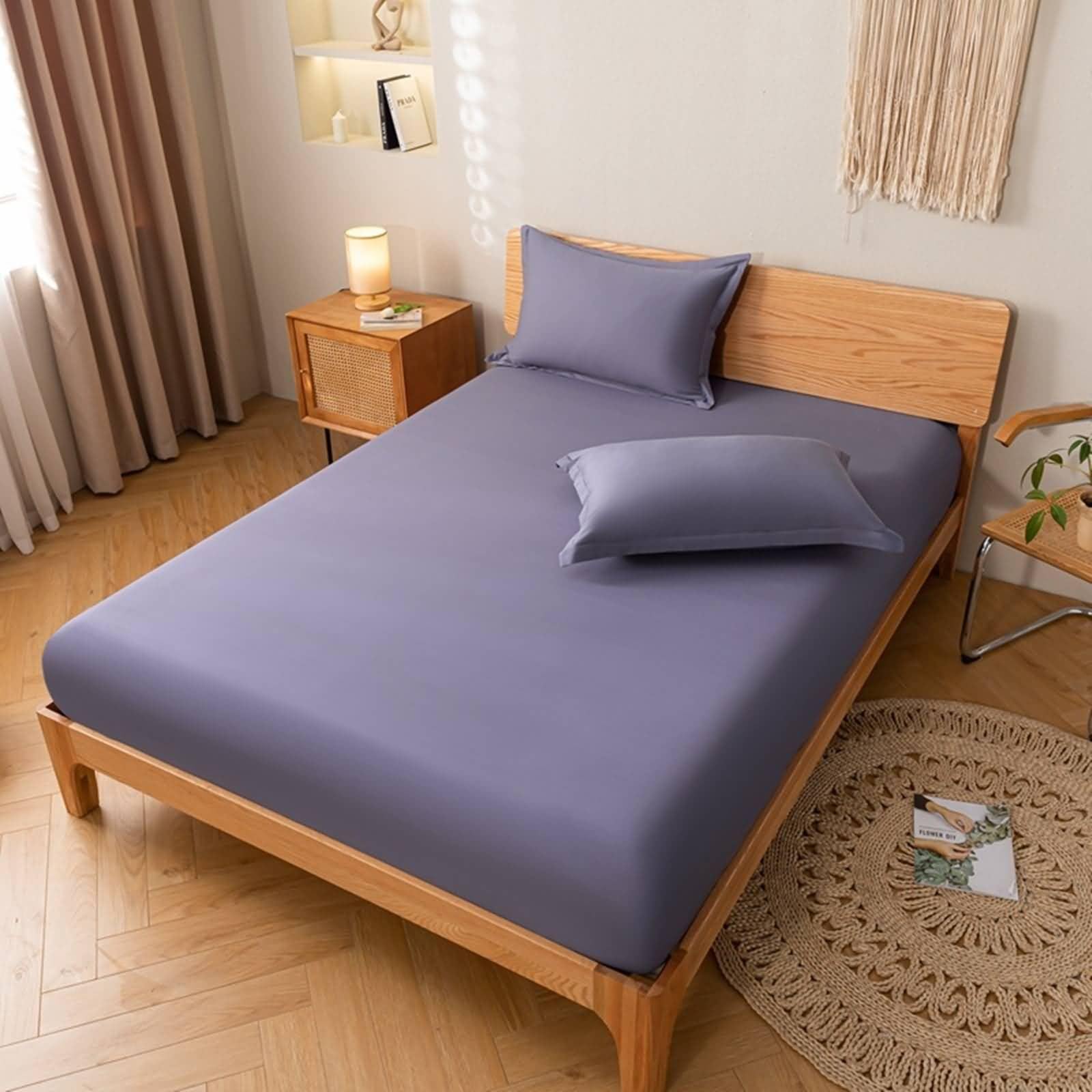 Drap housse 90x200cm anti-plis en coton violet pour lit 1 personne