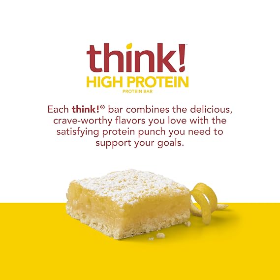 think! Protein Bars, High Protein Snacks, Gluten Free, Sugar Free Energy Bar with Whey Protein Isolate, Lemon Delight, Nutrition Bars without Artificial Sweeteners, 2.1 Oz (30 Count)
