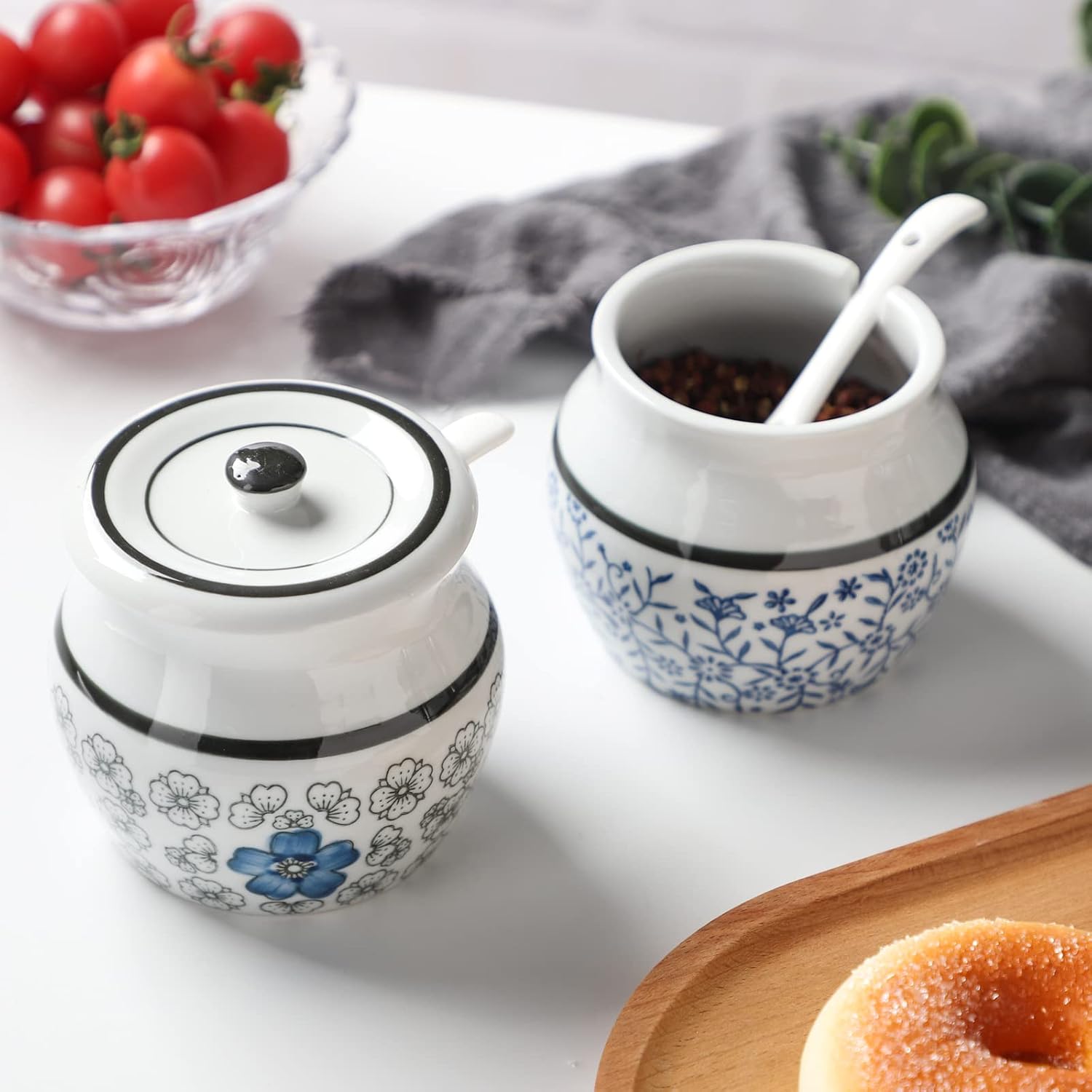 Ceramic Salt Cellar with Lid and Spoon, Salt and Pepper Bowls Set of 2