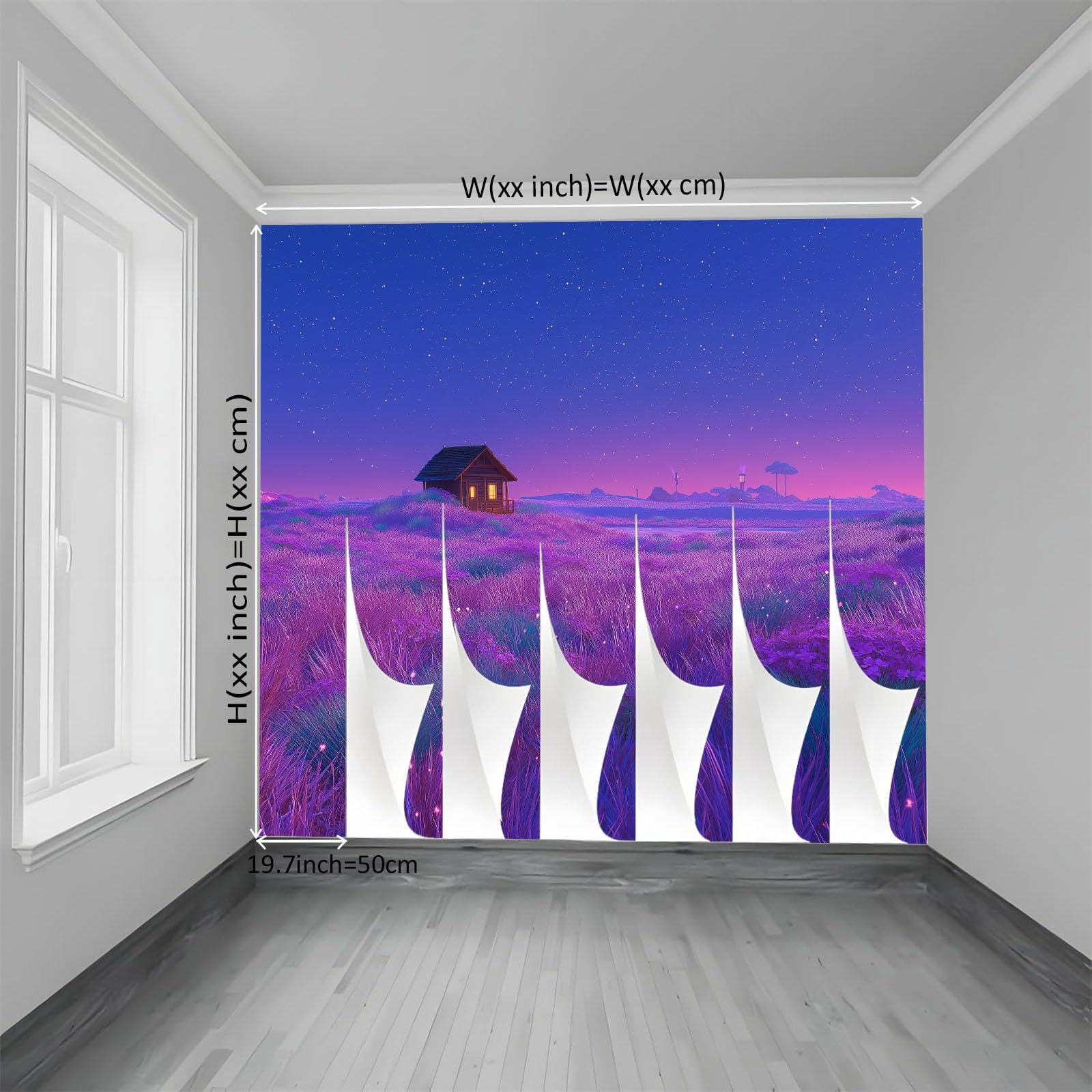 Panoramiczna tapeta Niebieski Fioletowy Niebo Pole Kwiaty Baita Drewno, Nowoczesna fototapeta 300 cm x 210 cm - Tapeta Dekoracja domu Anime do salonu pokoju dziecięcego biura