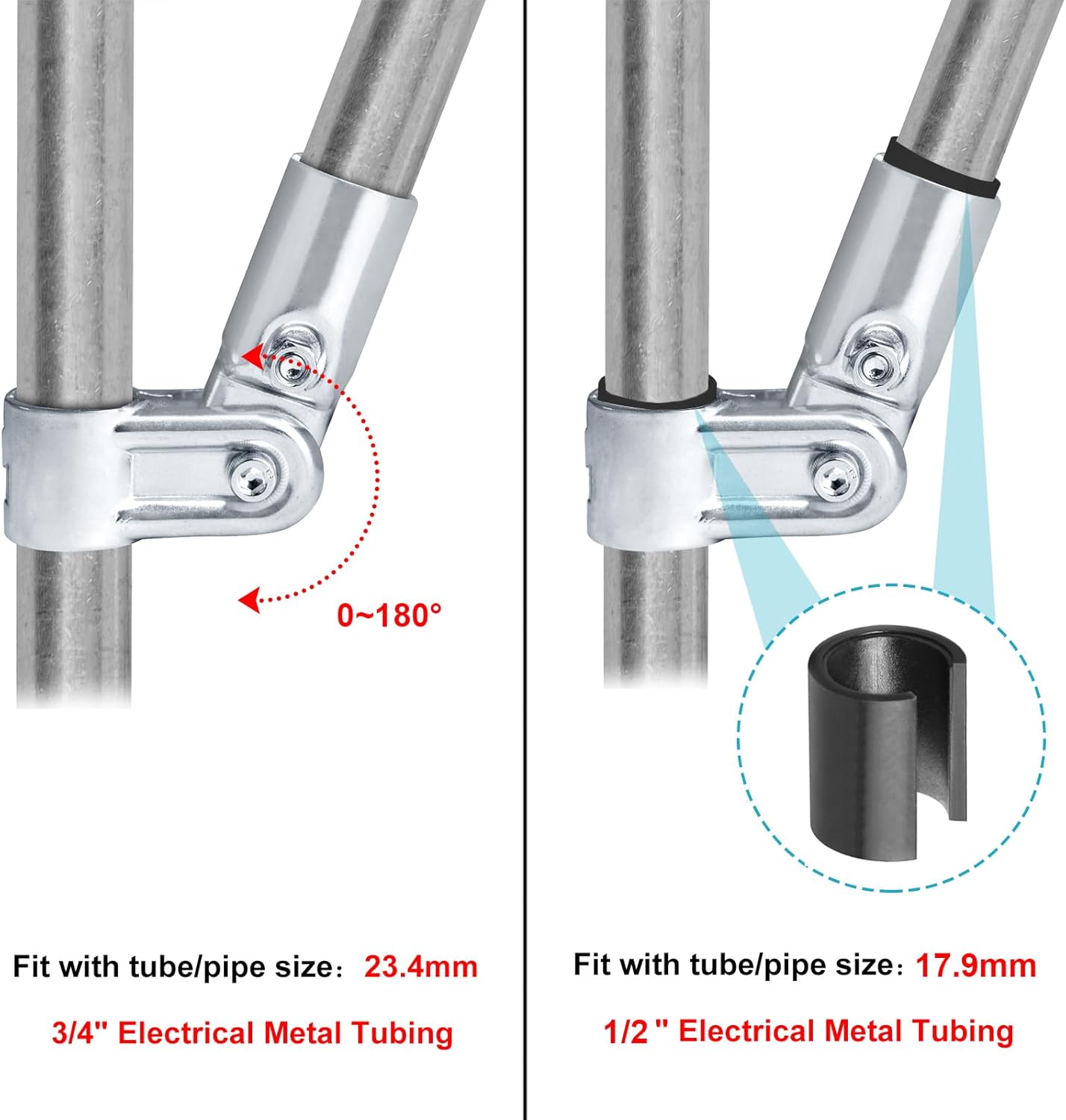 10 Sets Adjustable Angle Pipe Clamp Connectors, Fits 3/4" EMT Directly, Includes Adapter Shims for 1/2" EMT