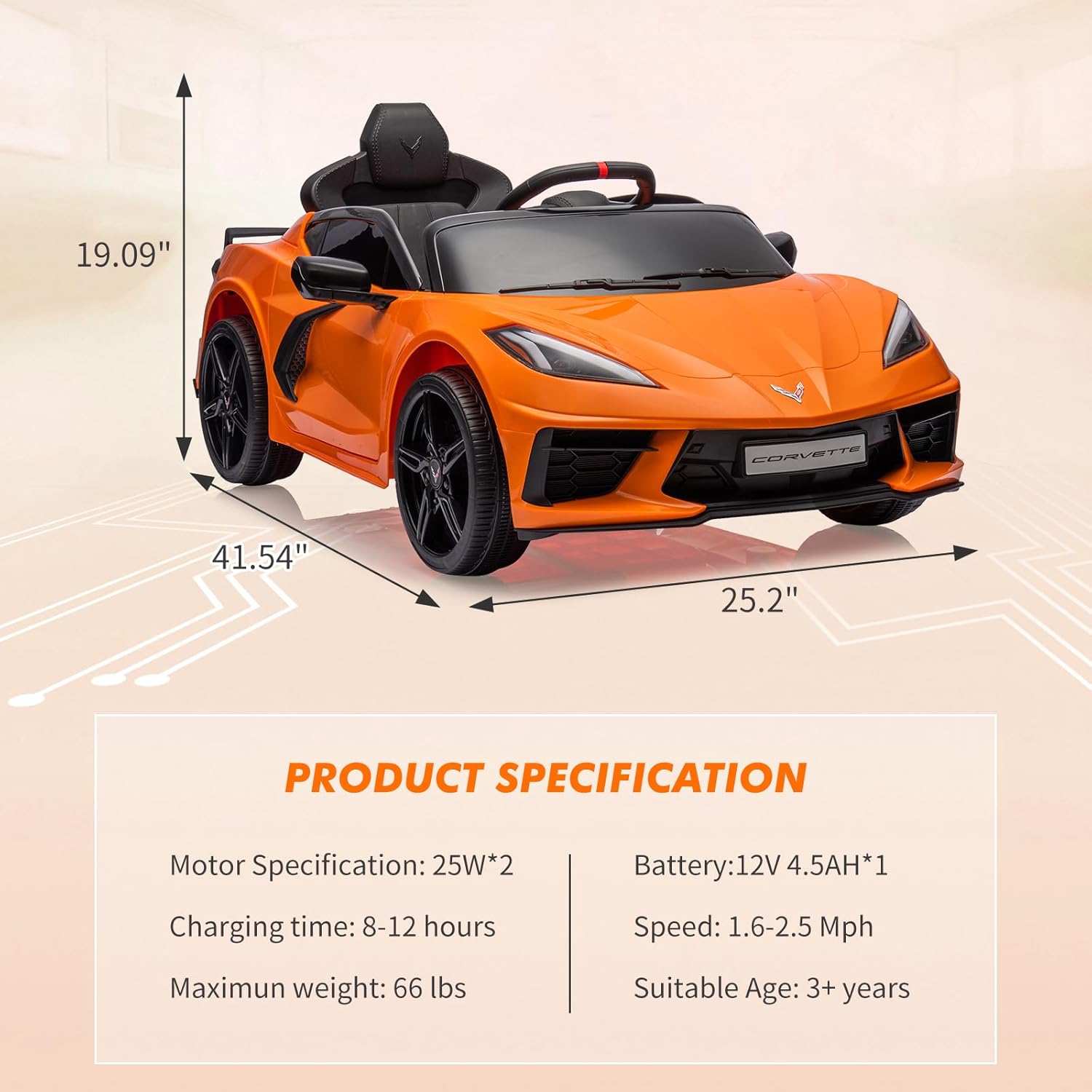 Ride on Sports Car 12V Battery Powered Car for Kids Licensed Corvette Toddles Electric Car Toy with Remote Control, Visual Dashboard, Music, LED Lights, Gifts for Boys Girls, Orange