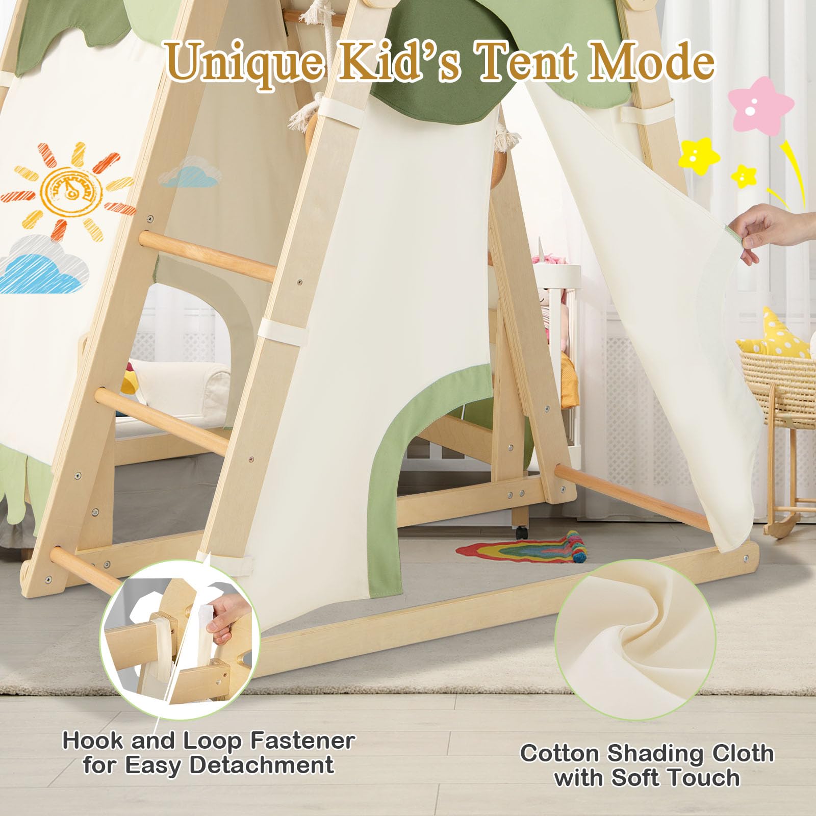 LIFEZEAL 6 in 1 Kletterdreieck Indoor, Klettergerüst mit Rutsche aus Holz, Kletternetz & Kletterleiter & Ringe, Kinderspielplatz Kletterspielzeug ab 3 Jahre