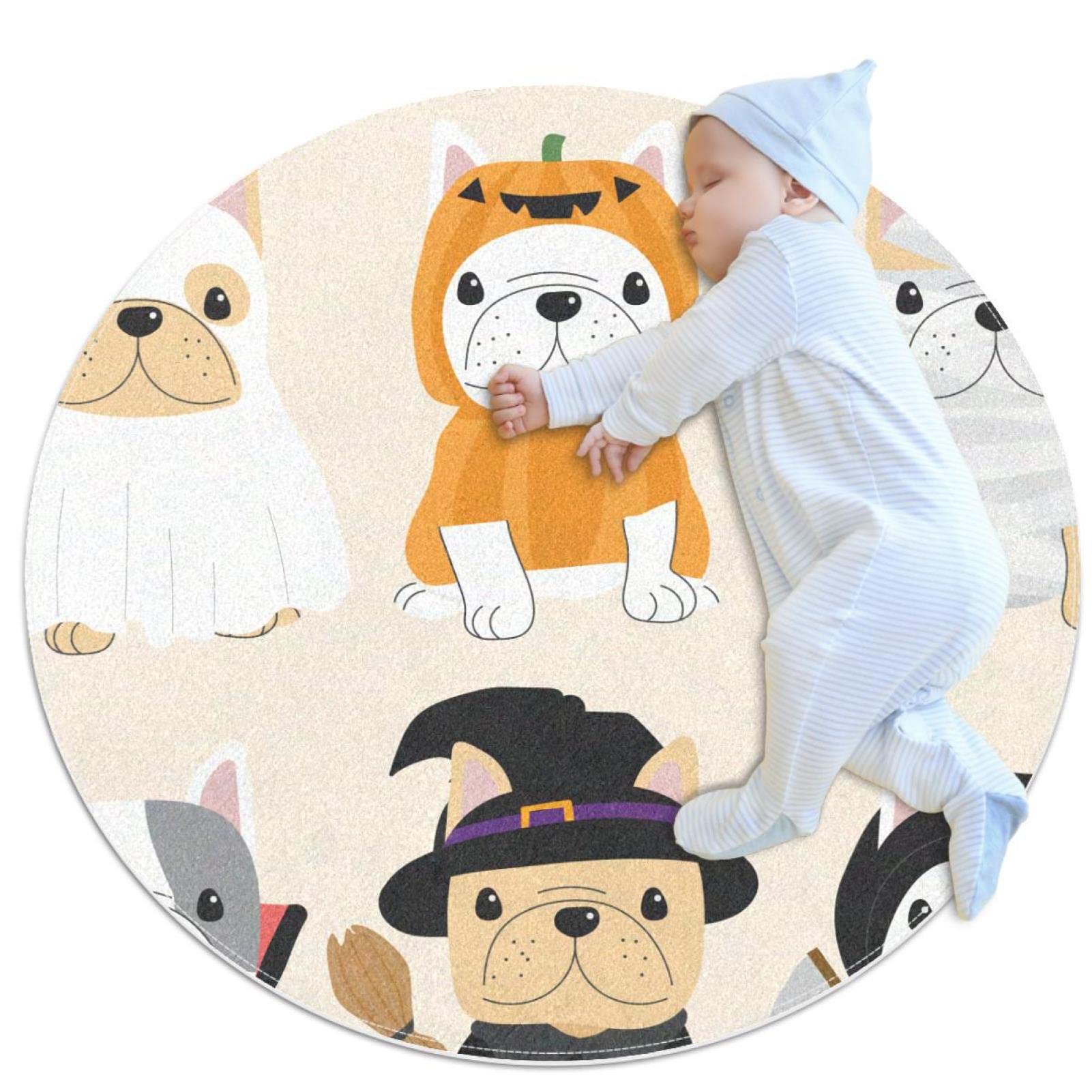 Tapis rond bouledogues mignons 80 cm antidérapant pour salon