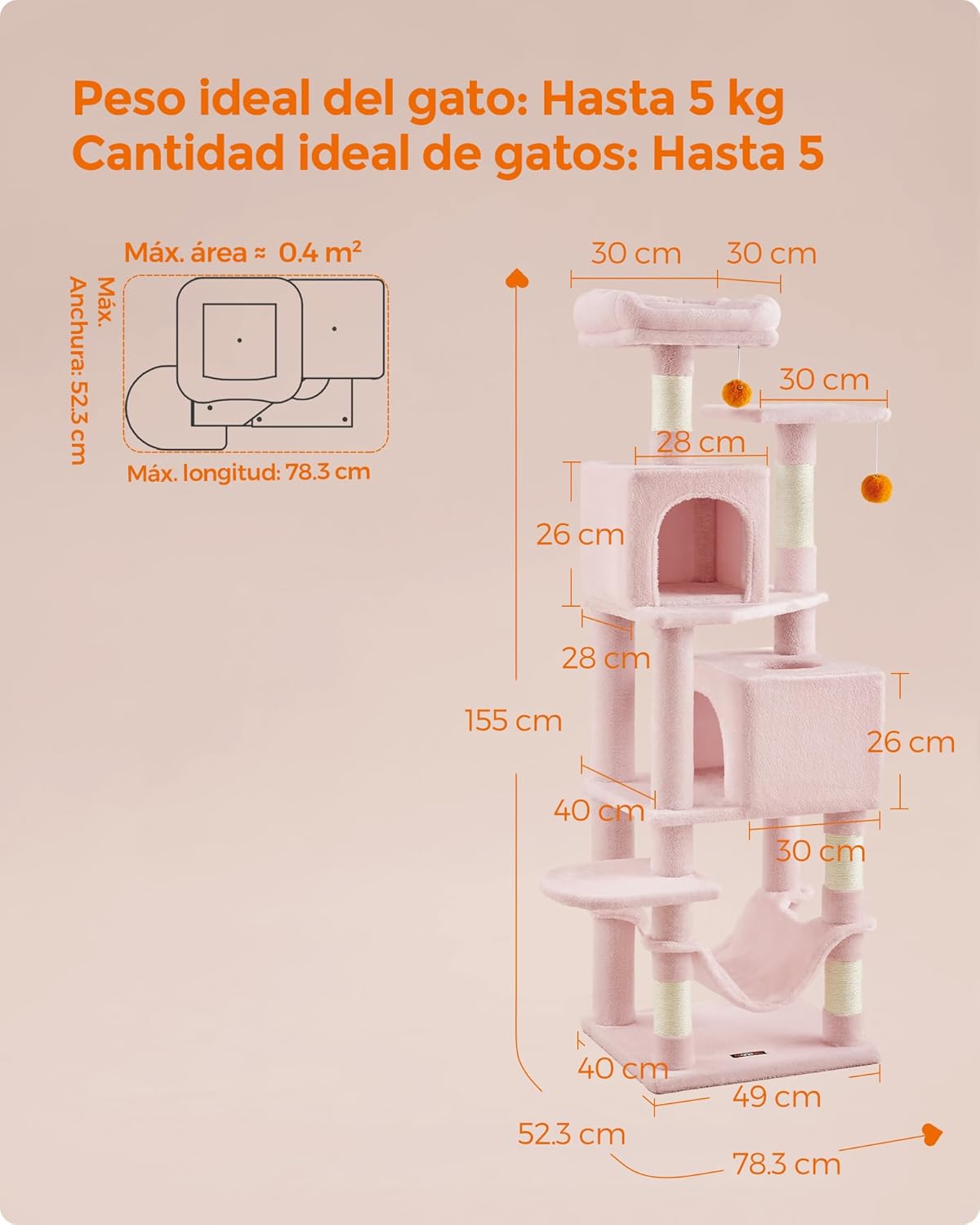 Detailed diagram showing the dimensions of the Feandrea Cat Tree, including height, width, and platform sizes.