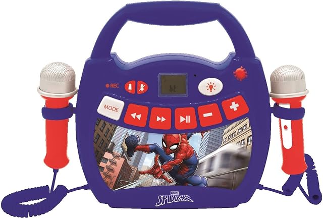 LEXIBOOK MP300SPZ Spider-Man Spiderman-Karaoke Portable Digital Player with 2 Toy mics, Wireless, Bluetooth, USB, Record and Voice Changer Functions, Marvel, red/Blue