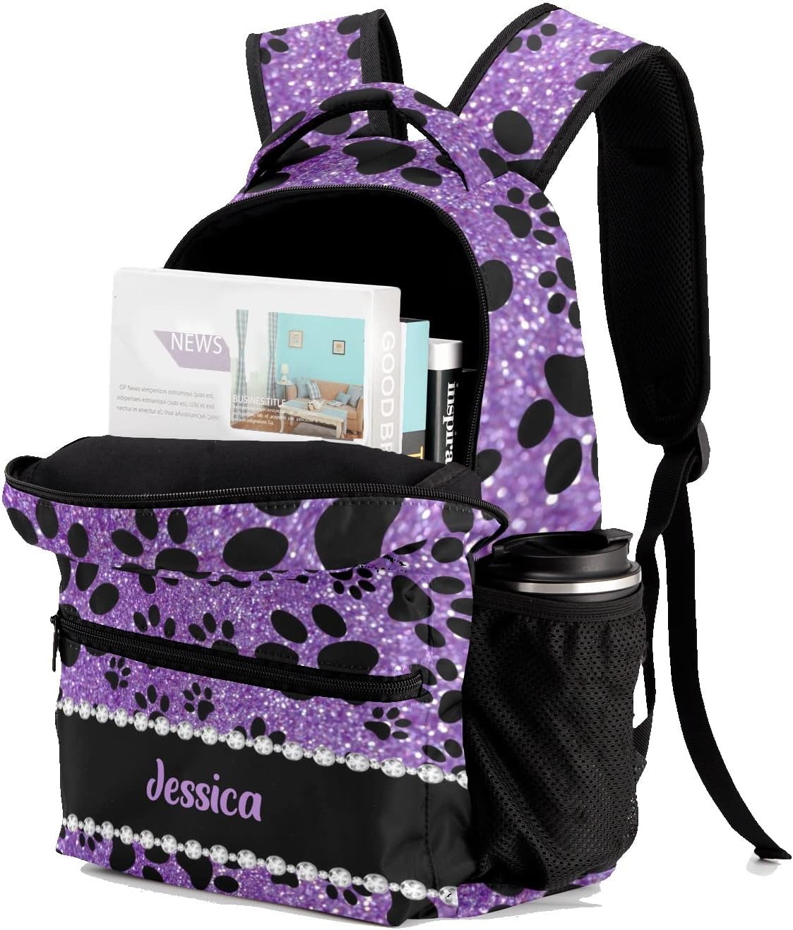 Dog Paw Purple Glitter Personalized Kids School Backpack Custom Name for Boys Girls Primary Daypack Bookbag Travel Bag
