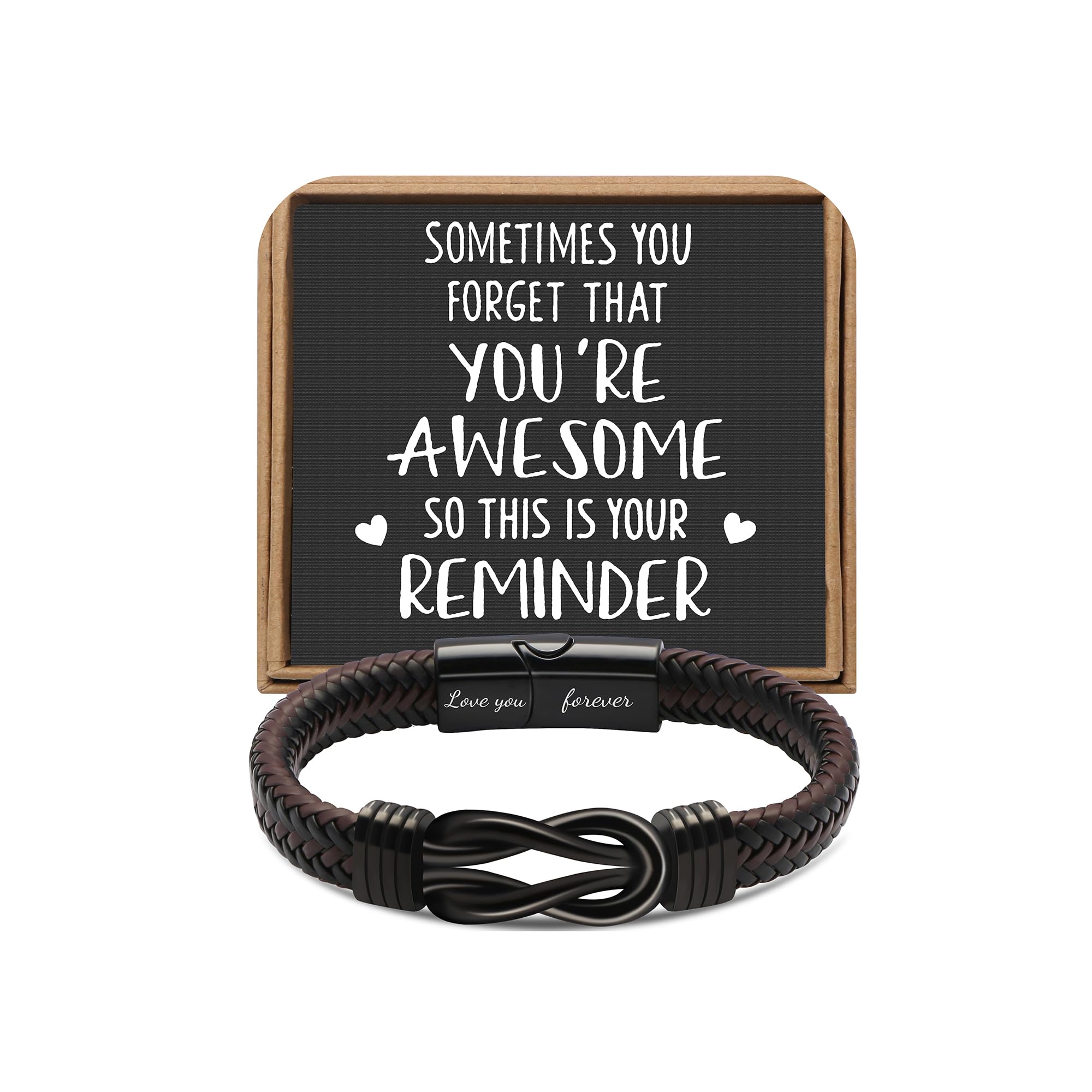 𝗞𝗻𝗼𝘁 𝗕𝗿𝗮𝗰𝗲𝗹𝗲𝘁 𝗚𝗶𝗳𝘁𝘀 𝗳𝗼𝗿 𝗠𝗲𝗻 Fathers Day Anniversary Birthday Gifts for Men Brown Braided Leather Stainless Steel Infinity Bracelets Lettering Love You Forever Always Linked Together Bracelet