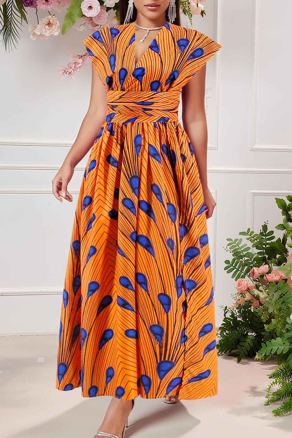 Vimoisa Women Sexy Boho African Long Maxi Dress V-Neck Multi-Way Pleated Floral Print Dresses - Image 3