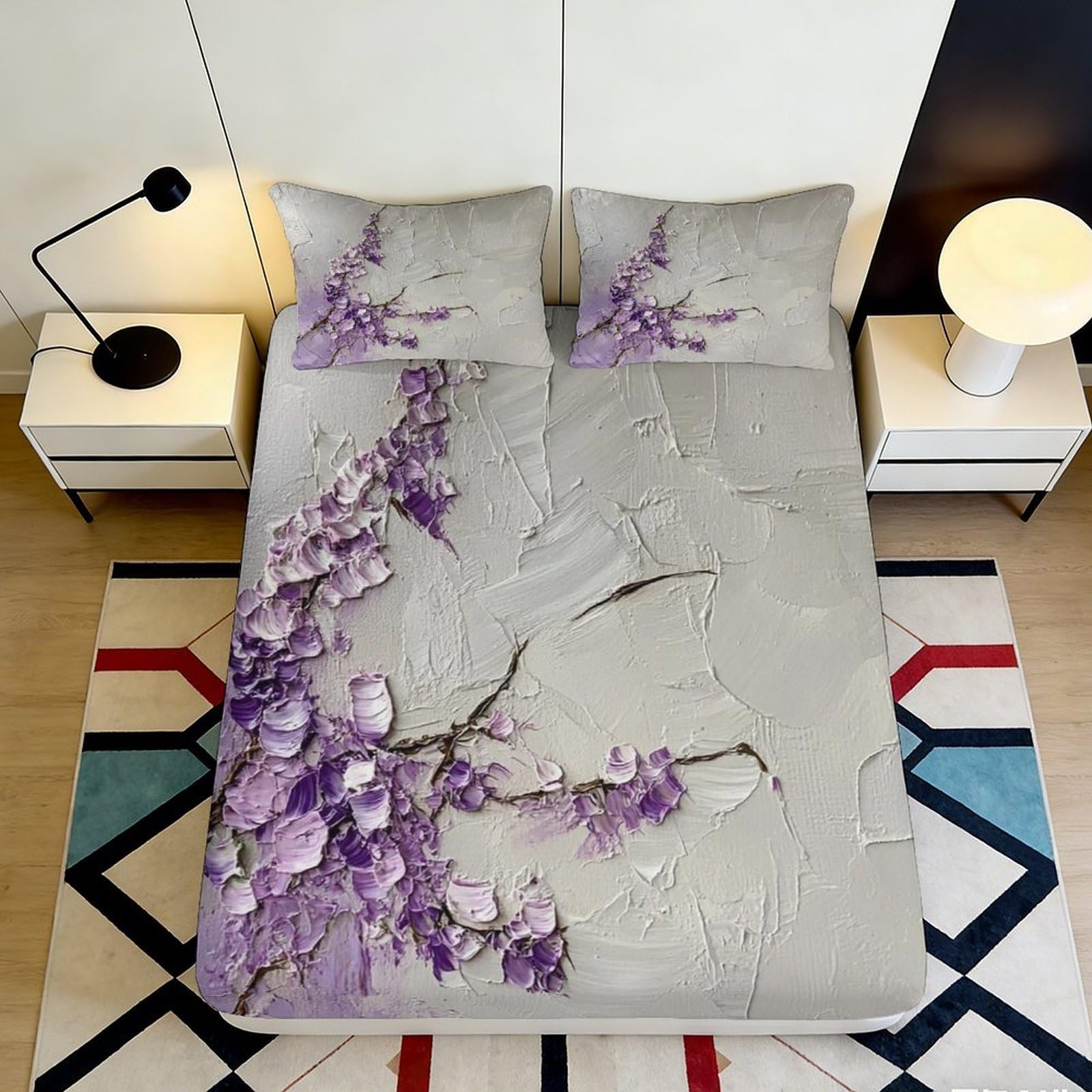 3D Printed Purple Floral Fitted Sheet Microfiber Soft Breathable Lavender Branch Bed Cover for Bedroom Dormitory Guest Room Mattress Protection 160x200x25cm