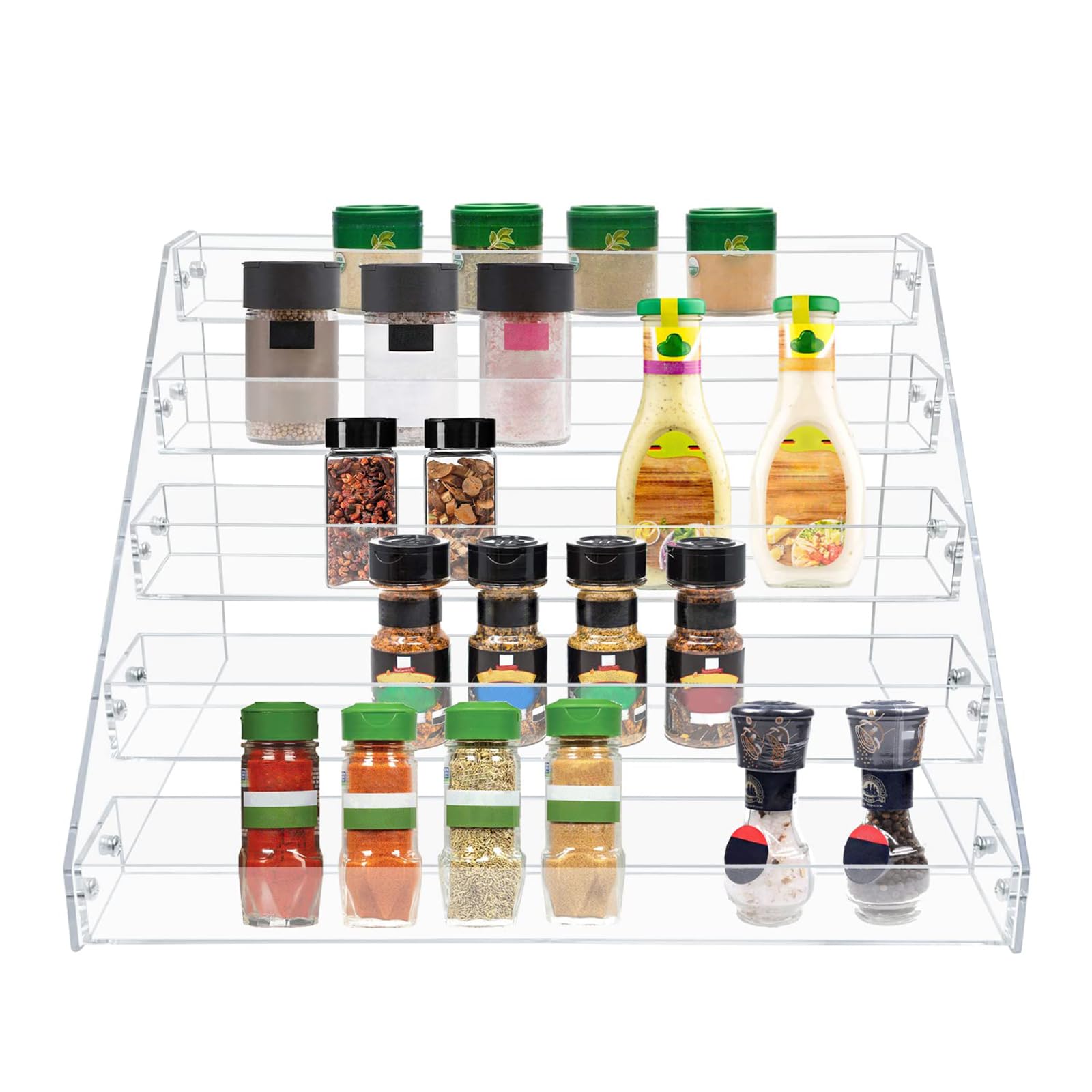 PMMASTO Tiered Spice Rack, Seasoning Organizer, Clear Acrylic Vertical Shelves Can Organizer for Countertop, Cabinet, Pantry, Kitchen Organization and