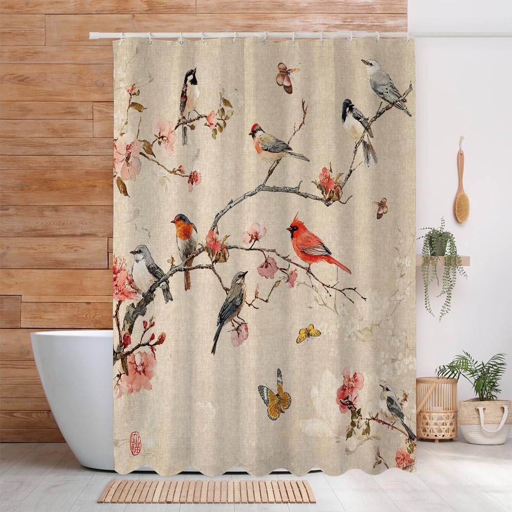 4 PCS Chinese Flower-and-Bird Painting Bathroom Shower Curtain Set with Rugs, Bath Mat, Toilet Rugs for Bath Decorations, Chinese Traditional Ink Flower-and-Bird Shower Curtain Set with 12 Hooks