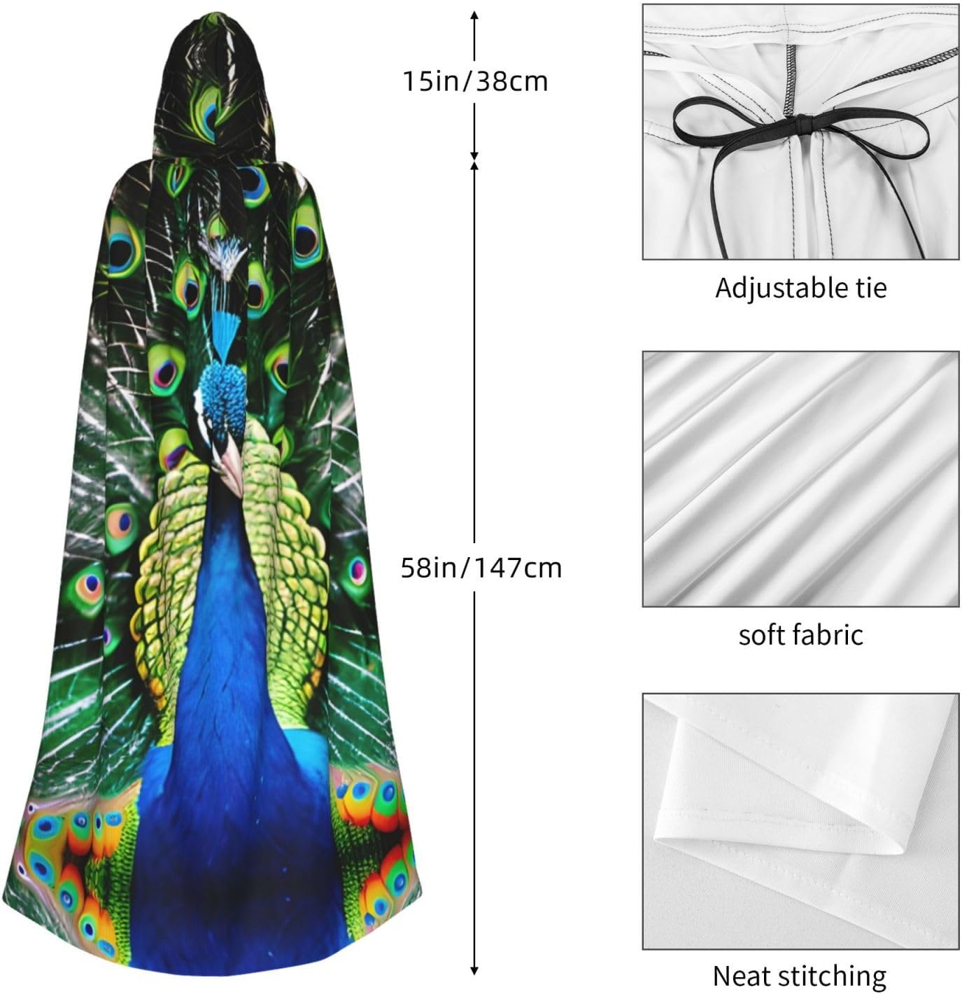 SSIMOO Fresh Peacock Enchanting Adult Hooded Cape for Halloween and Party Costumes-Fashionable Women's Robes,Capes