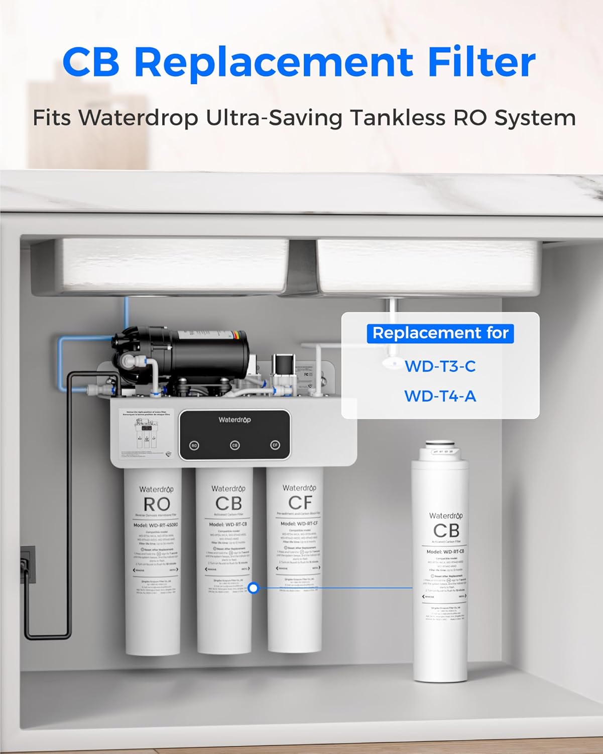 Waterdrop RT-CB Filter, Replacement for Waterdrop T3-C & T4-A Tankless Reverse Osmosis System, Pack of 1 CB Filter, 12-month Lifetime