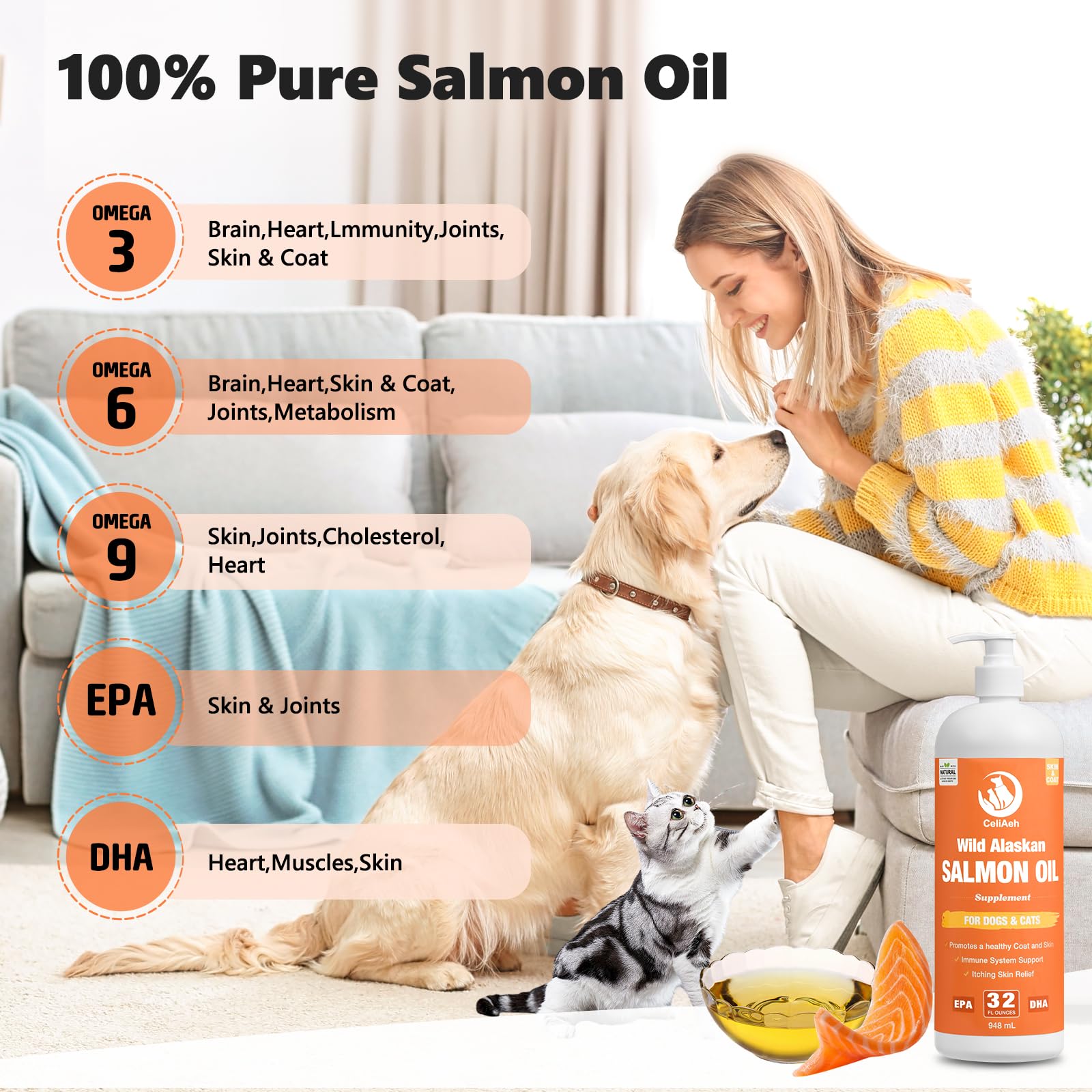 Wild Salmon Oil for Dogs & Cats 32oz Omega 3 Fish Oil Skin & Coat Supplement Pure Fish Omega 3 6 9 Liquid EPA DHA Fatty Acids - Itchy Relief Supports Joint Function, Brain, Eye, Immune & Heart Health — Amazon image 2