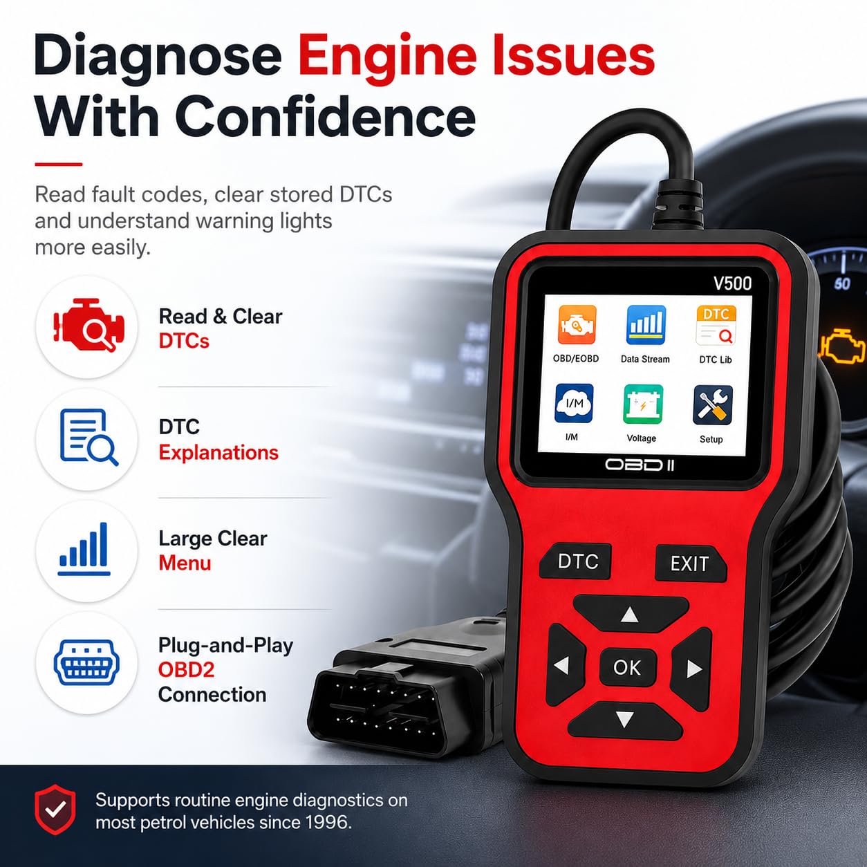 OBD2 samochodowy skaner diagnostyczny silnika czytnik kodów usterek benzyny narzędzie pojazdu | DTC Reading Clearing Live Data I/M Readiness Check Automotive Troubleshooting Device