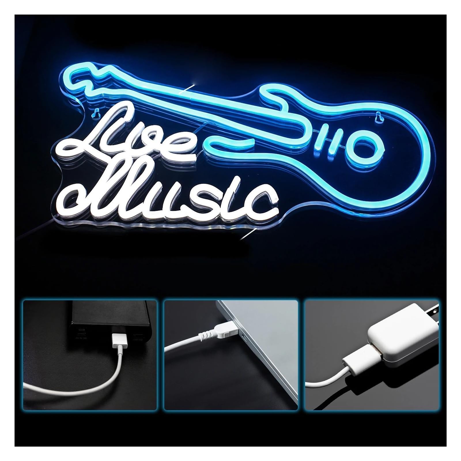 Wiszące neony artystyczne Neon "Muzyka Na Żywo" Z Zasilaniem USB, Gitara, Dekoracja Ścienna Do Pokoju Muzycznego, Lampy Do Baru, Studia, Klubu, Imprezy, Dekoracyjne, 24x42cm