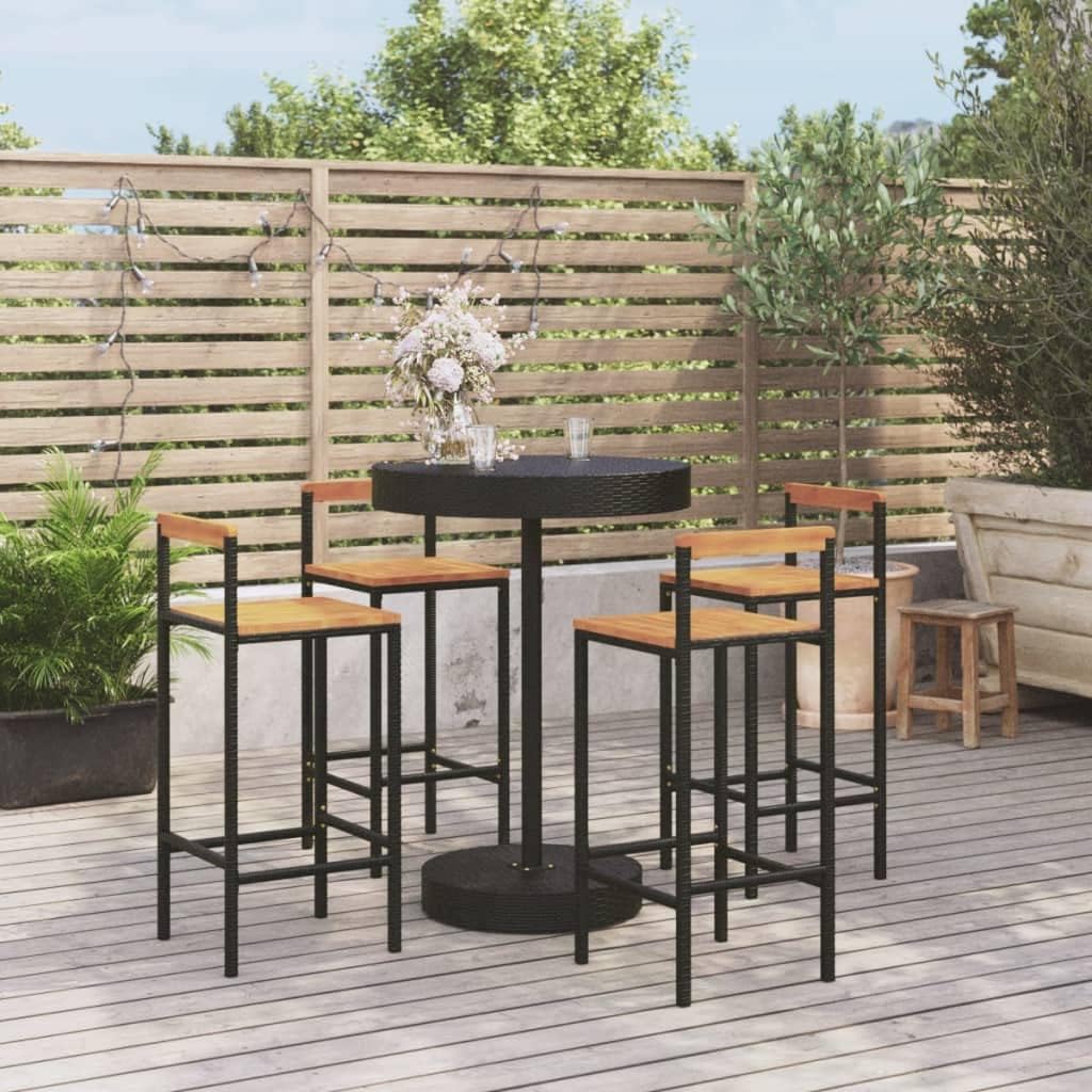 5 Piece Black Poly Rattan and Solid Wood Acacia Garden Bar Set with Round Table and Stools, Weather-Resistant PE Rattan and Powder-Coated Steel Frame for Patio, Outdoor