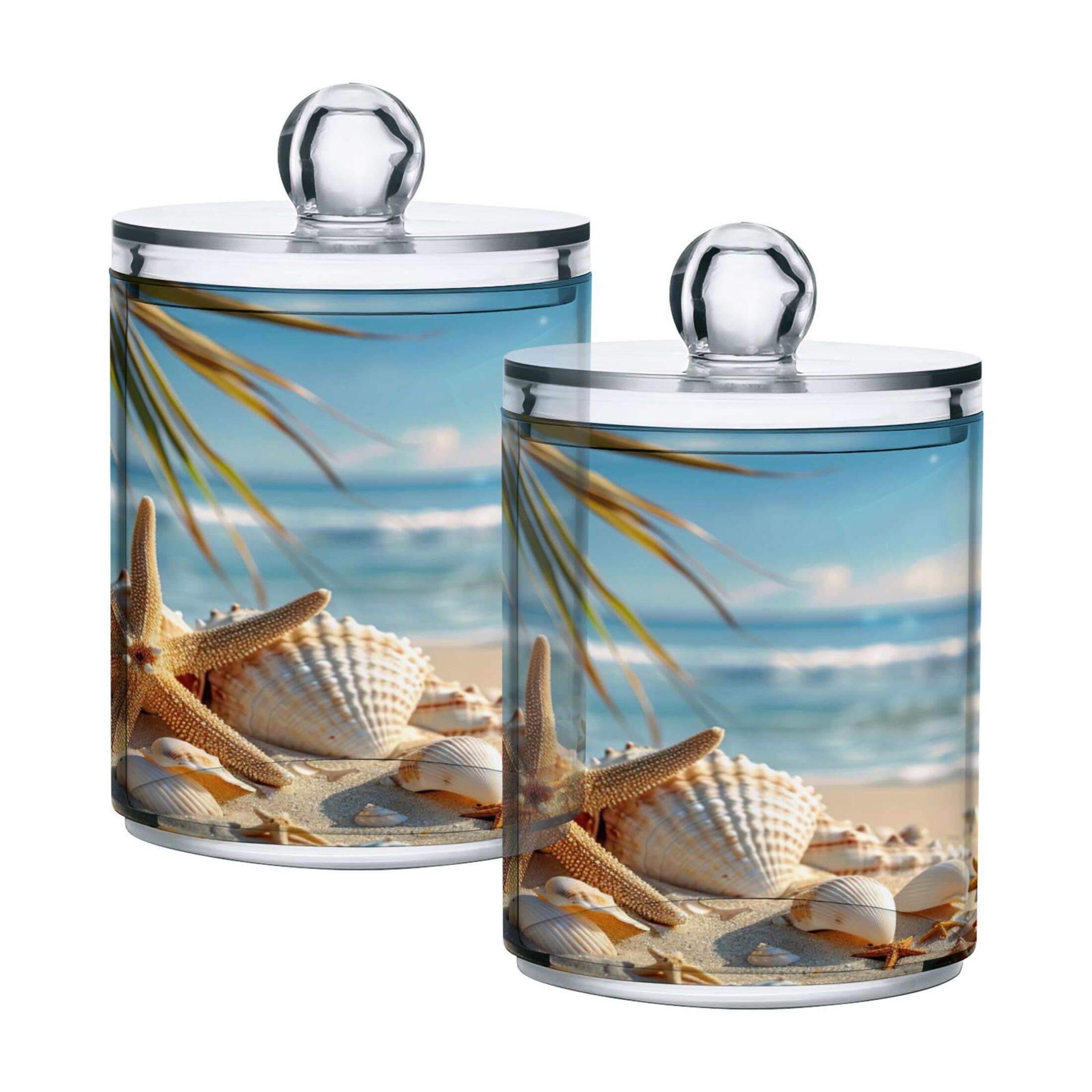 Sevdomey B533 Sunny Beach Scene Qtip Holder With Lid Set Of 2, Clear Plastic Apothecary Jars Bathroom Storage Containers For Cotton Ball, Cotton Swab, Cotton Round Pads, Floss