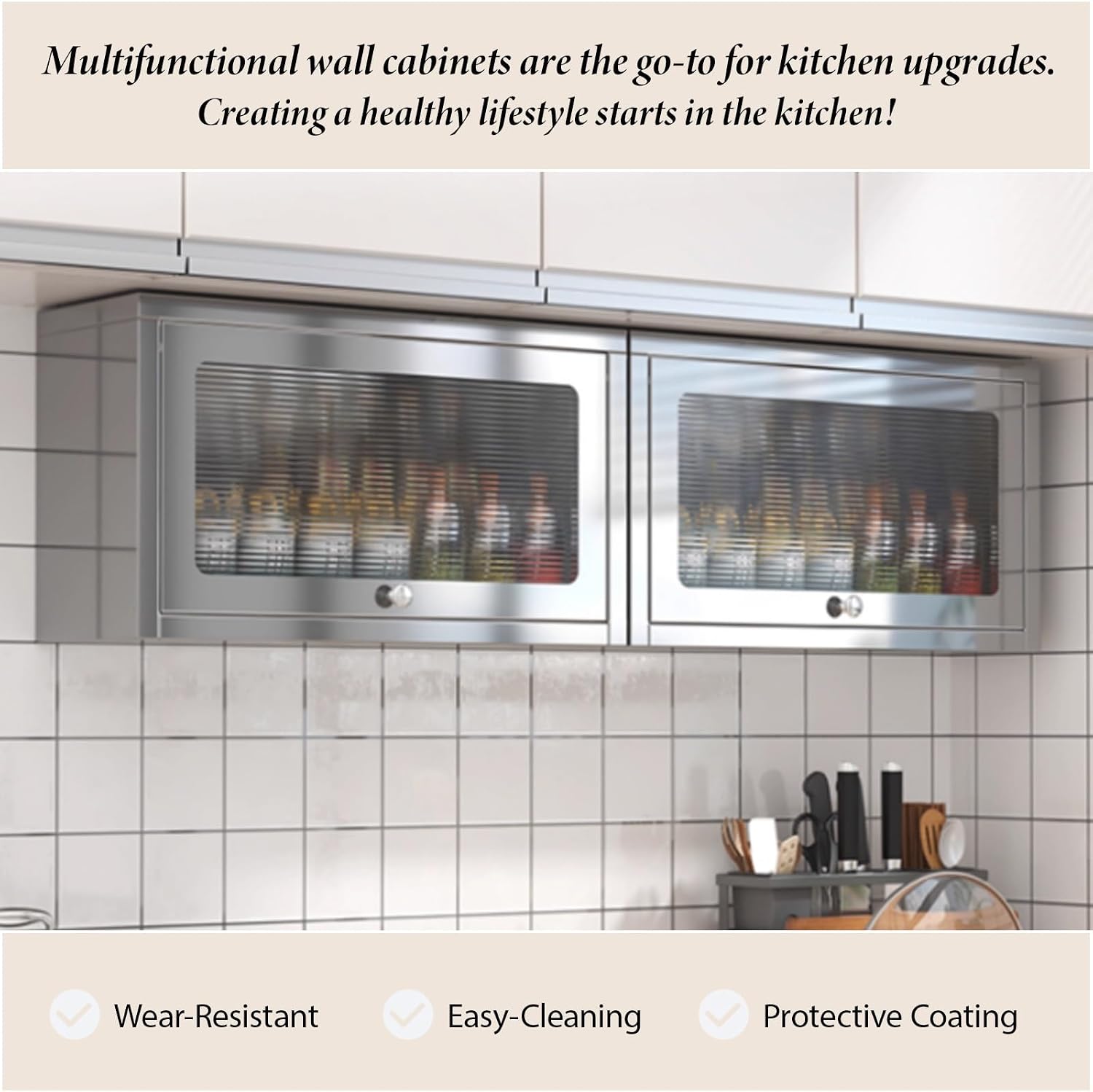 Wall Cabinet for Kitchen Storage with Up-Flip Door, Thickened 304 Stainless Steel Wall Mount Cabinet with Doors and Shelves, Kitchen Cabinets Wall Mounted Hanging Organizer for Bathroom,60*22*34.5/23