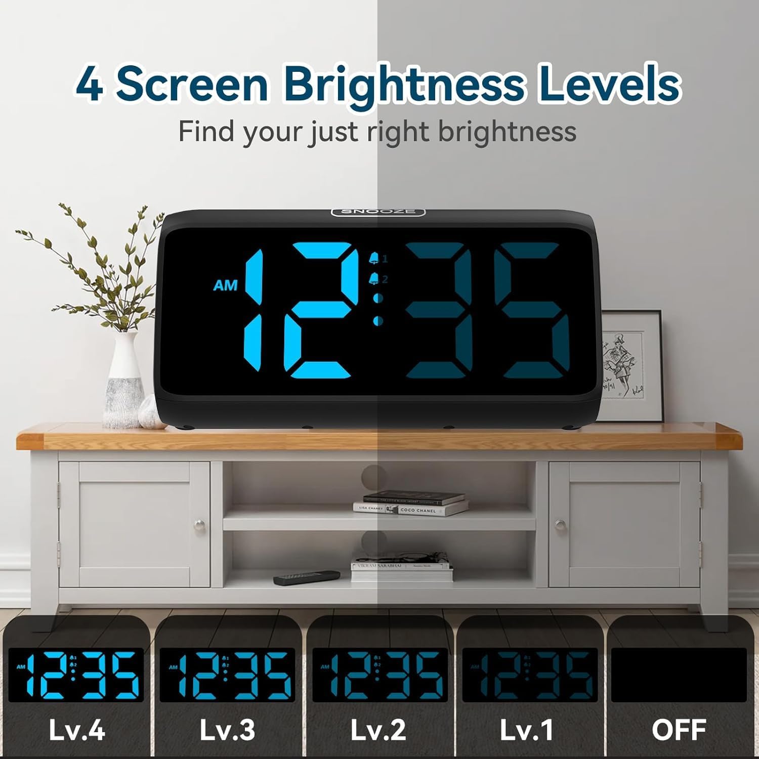 Netzu Loud Alarm Clock showing 4 screen brightness levels