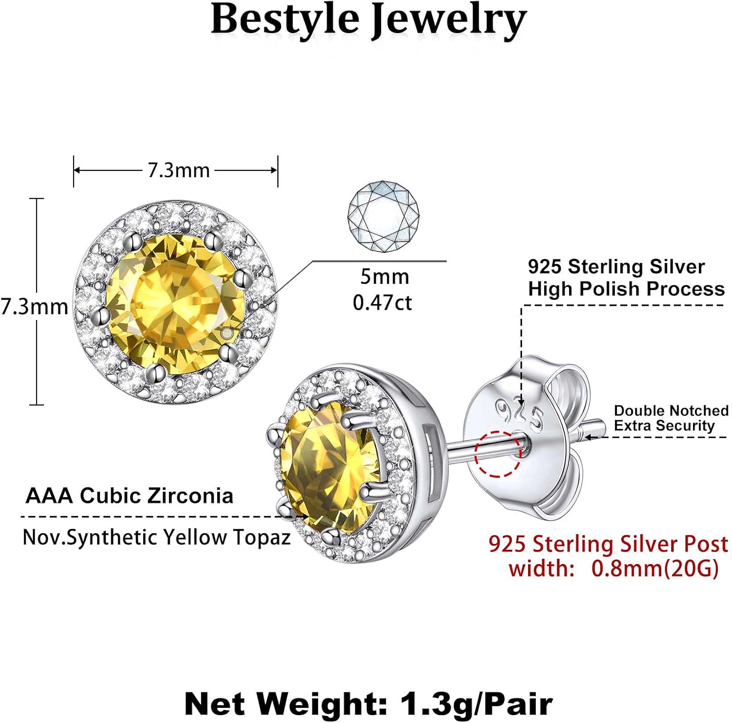 Bestyle Sparkling 925 Sterling Silver Birthstone Stud Earrings for Women, Heart/Round/Teardrop/Square Solitaire Diamond Studs Earrings, Great Birthday/Christmas Gifts