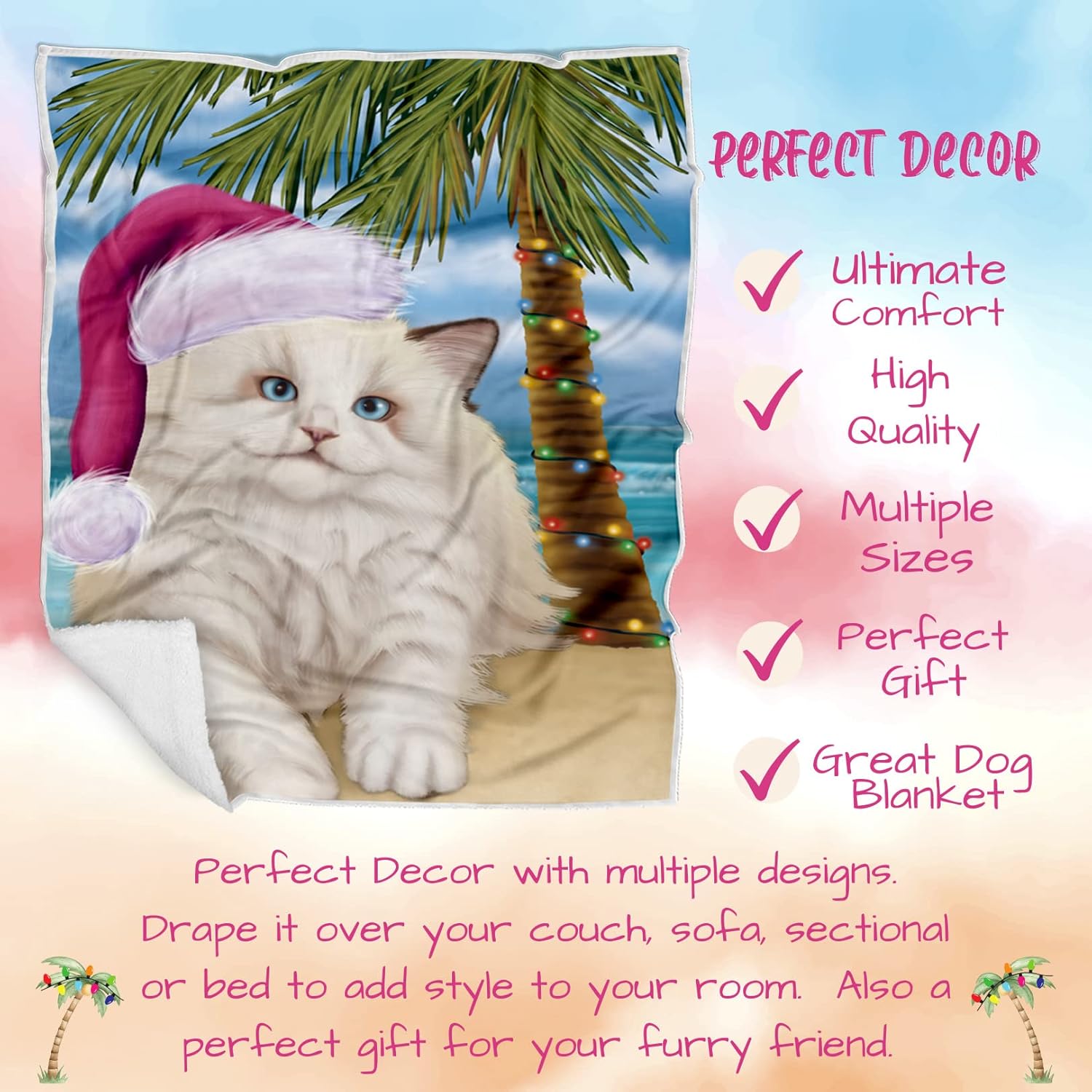 Doggie of the Day Ragdoll Cat Blanket - Christmas Summertime Beach - Super Soft & Warm Pet Theme for Sofa or Bed, Warm Fleece, Sherpa or Woven Material, BLNKT88016 (50x60 Woven)