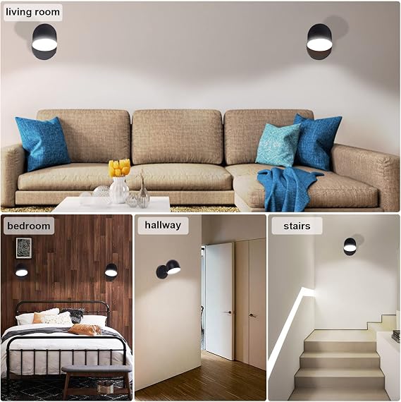 KAWELL Indoor LED Wall Light Touch Sensitive LED Reading Wall Lamp Stepless Dimming LED Wall Spotlight 350° Free Rotation for Bedroom Bedside Living Room Stairs Hallway Corridor, Black 6000K [Energy Class F]