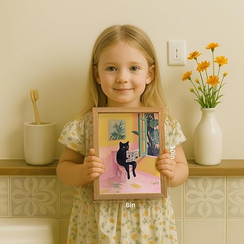 Miniatura 5 de Cyebmo Funny Bathroom Wall Art, Cute Black Cat Sitting on Toilet Reading Newspaper Wall Decor, Whimsical Pink Abstract Animal Canvas Artwork for