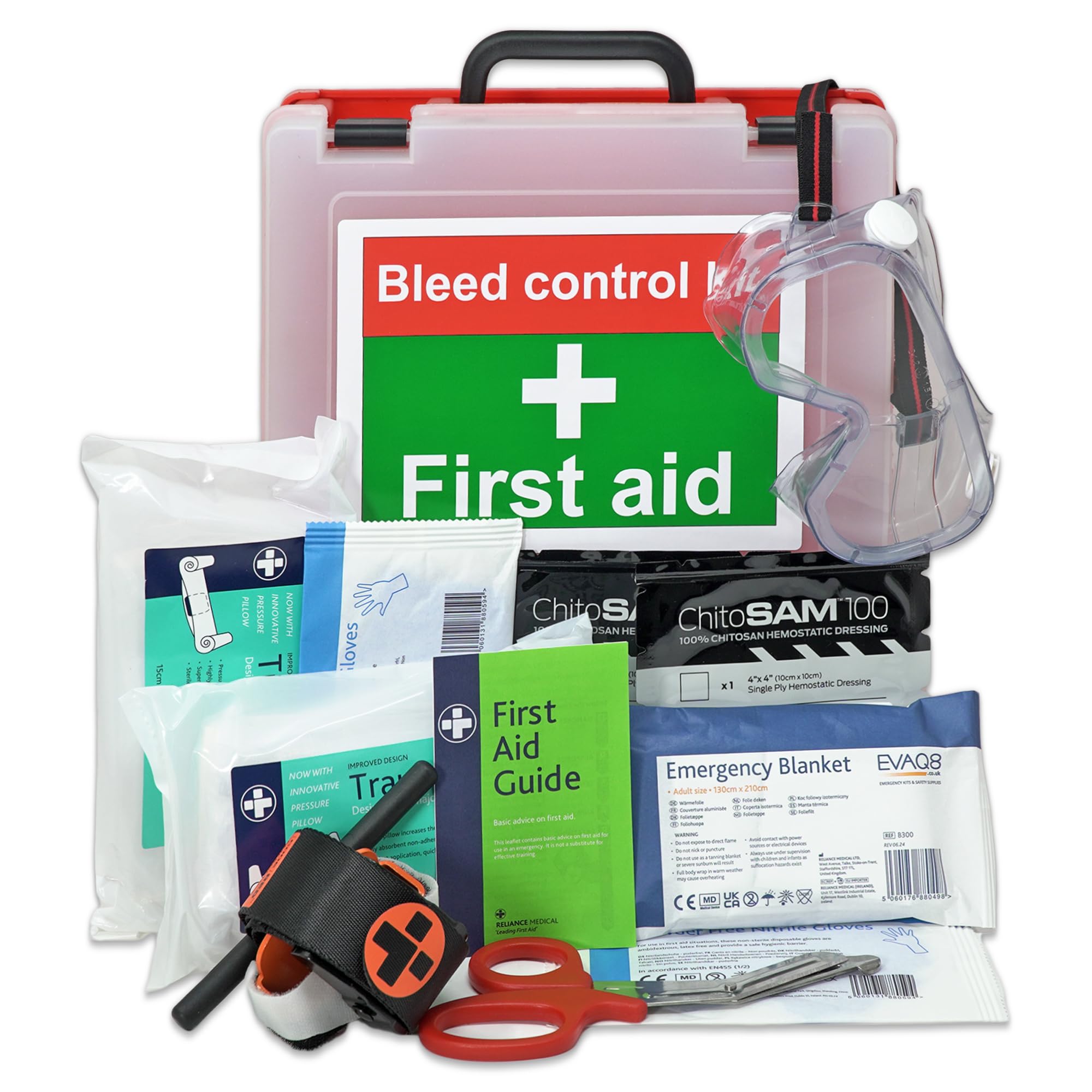 EVAQ8 Bleeding Control Kit for Critical Injury in Red First Aid Box for Traumas in Forestry Farms Workshops Includes Tourniquet and Haemostatic Dressing