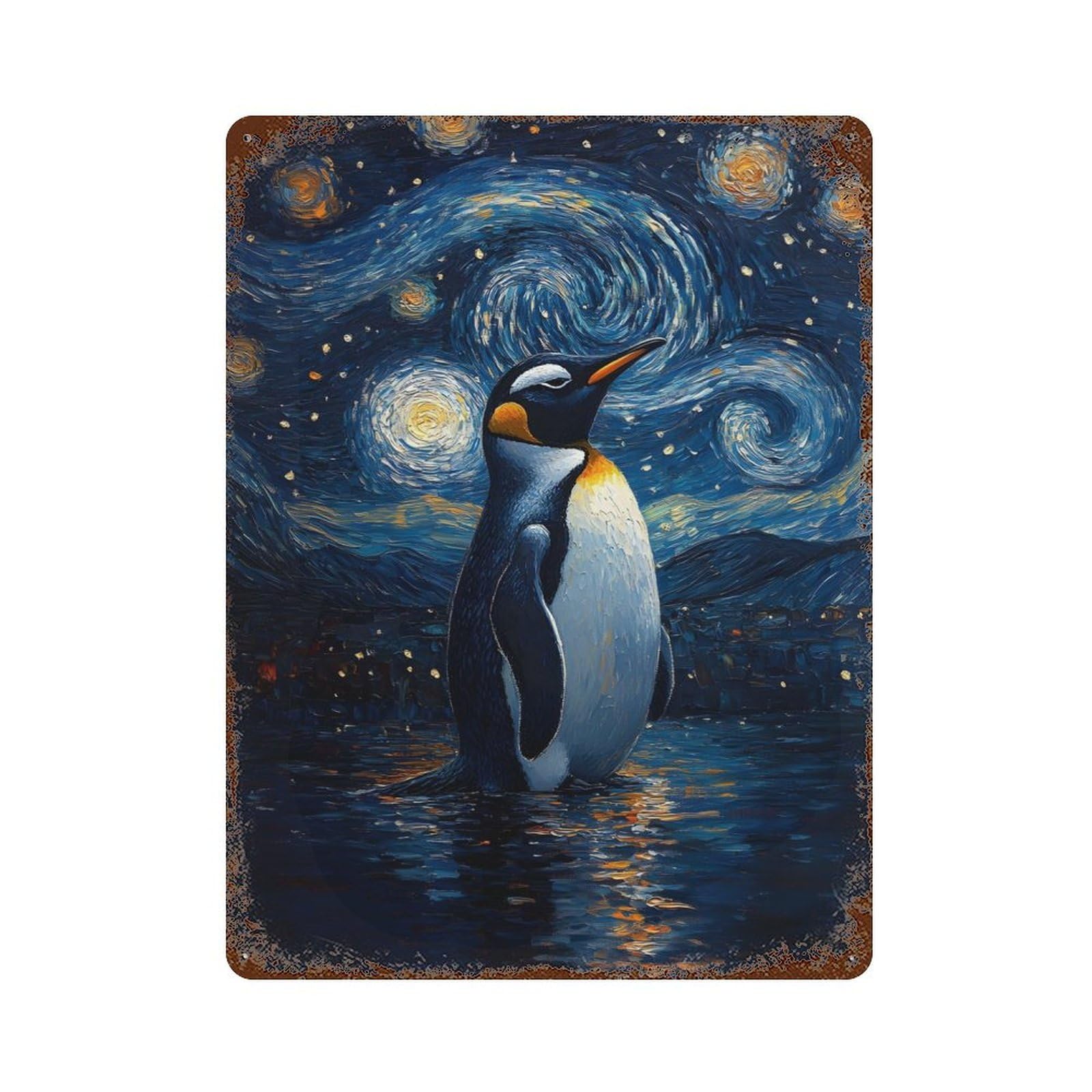 Penguin Under Starry Night Rusty Metal Tin Sign 15.7"x11.8", for Basement, Hobby Room And Garage Decor, Retro Wall Decor