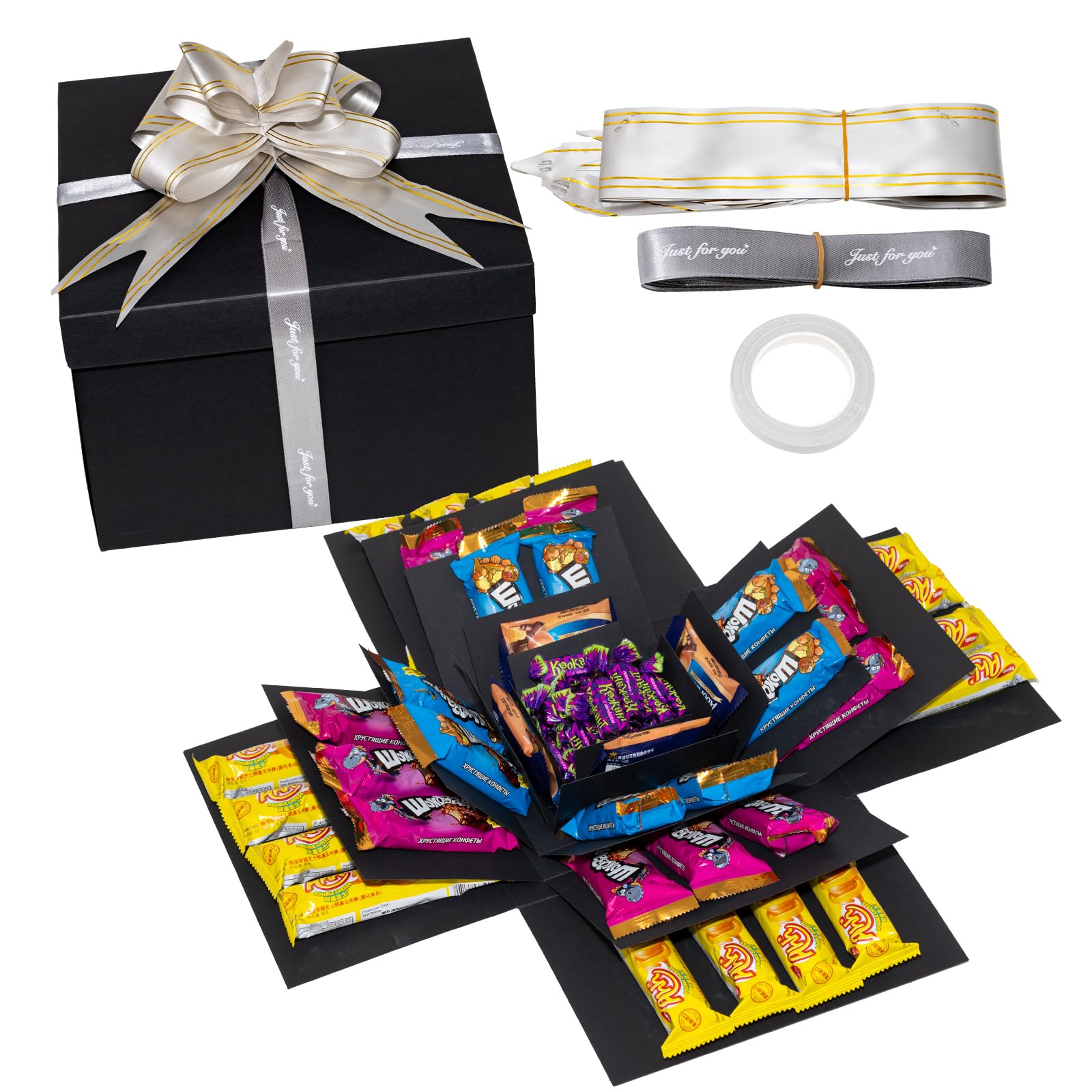 Explosion Gift Box, 5 Layer Explosion Box, Surprise Boxes with Tape and Bow Ribbon, Scrapbooking Boxes, Creative Surprise Container‌ for Anniversary Festival Record Memories (Black)