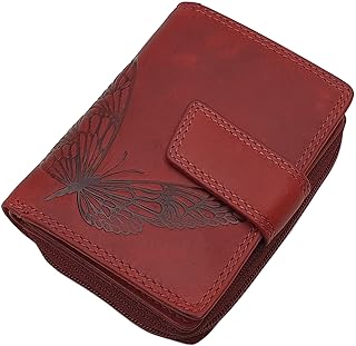 Kleine Echt Rindleder Damen Geldbörse/Geldbeutel/Portemonnaie/Geldtasche in Hochformat mit RFID & NFC Schutz (Mit Schmetterling-Motiv/Kirschrot)
