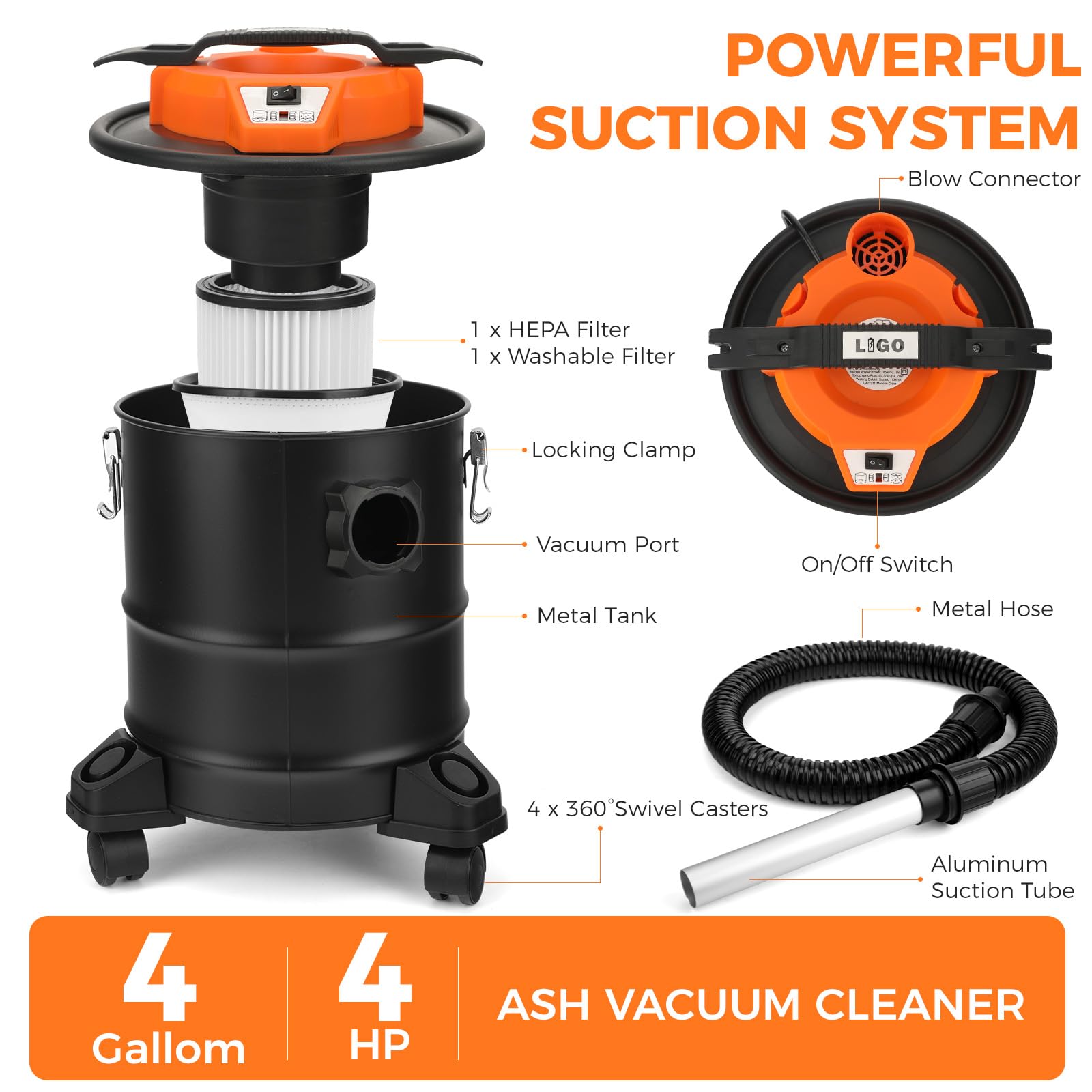 LIGO Aspiradora de cenizas, 3.3 galones 1000 W, doble filtración, con 3 ruedas giratorias, función de soplado, colector de polvo de ceniza para estufas de pellets y estufas de leña,