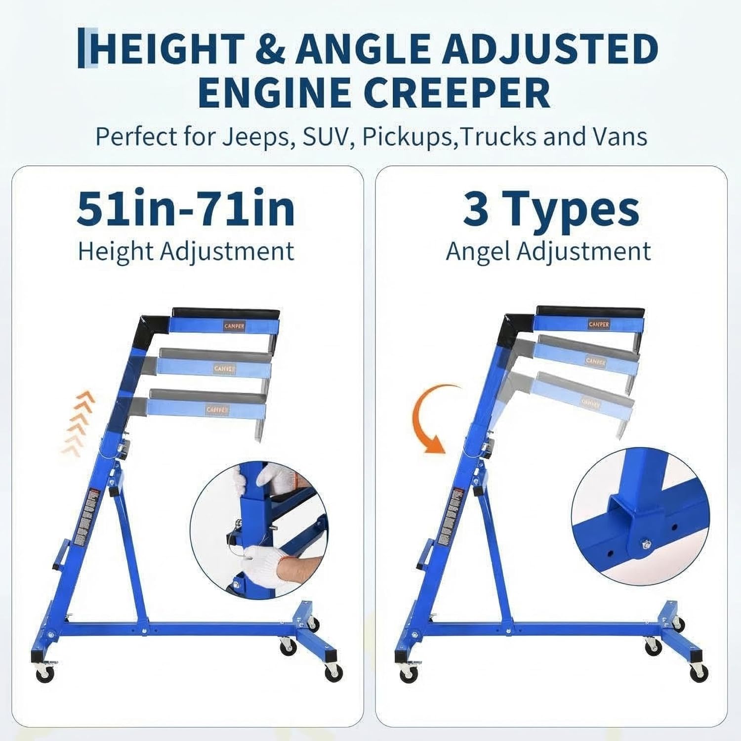 PeakPursuit 400LBS Engine Creeper for Trucks, High Top Over Engine Creeper, Adjustable Height 51-71in,Easy to Fold,Back-Saving for Mechanics Long Time and Lifted Automotive Repair