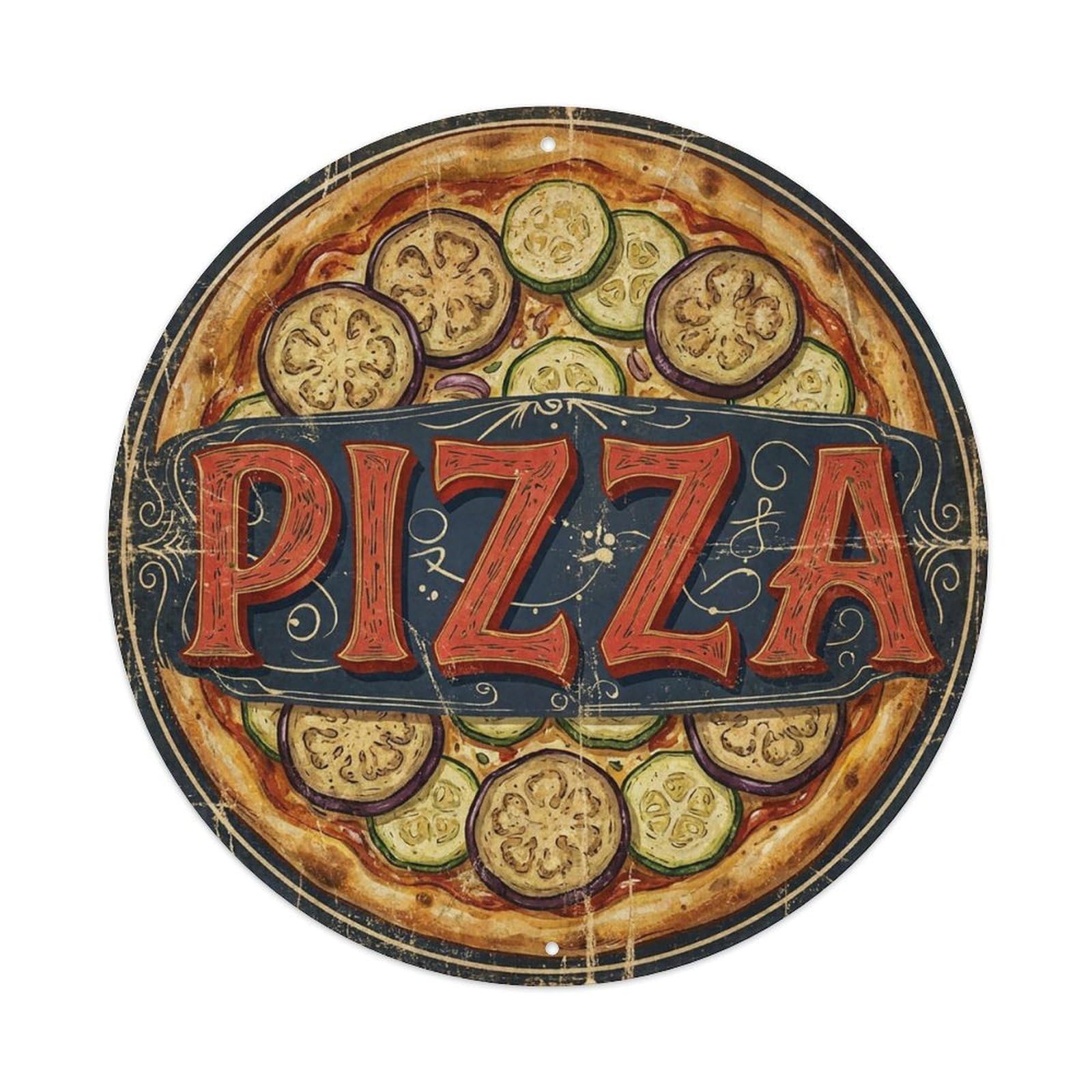 Yrnq 8X8inch Vintage Style Vintage Pizza Vegetarian Eggplant Zucchini Food Decoration Metal Tin Sign