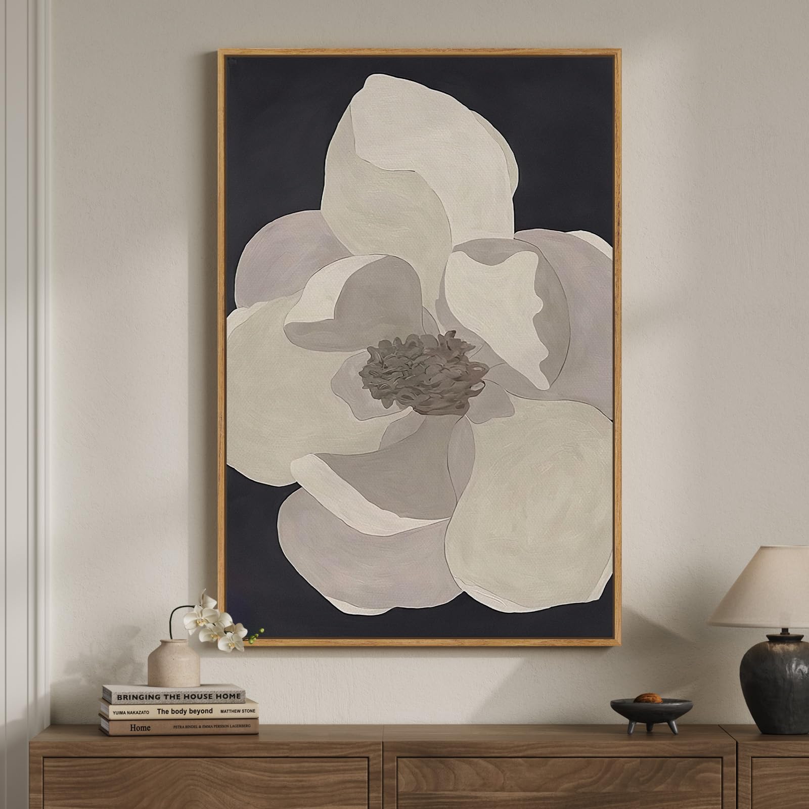 framed neutral floral modern wall art, large minimalist canvas prints paintings artwork for walls, contemporary black beige flower pictures for living room dining bedroom hallway wall decor 24x36 in