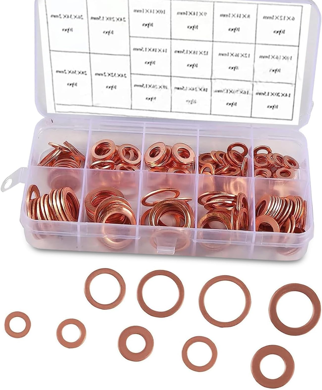 200 PCS Vehicle Oil Pan Drain Plug Flat Washer, M5 M6 M8 M10 M12 M14 9 Specifications O-Type Metric Copper Sealing Washers with Storage Box, Replacement Parts, Suitable for Most Cars (Gold)