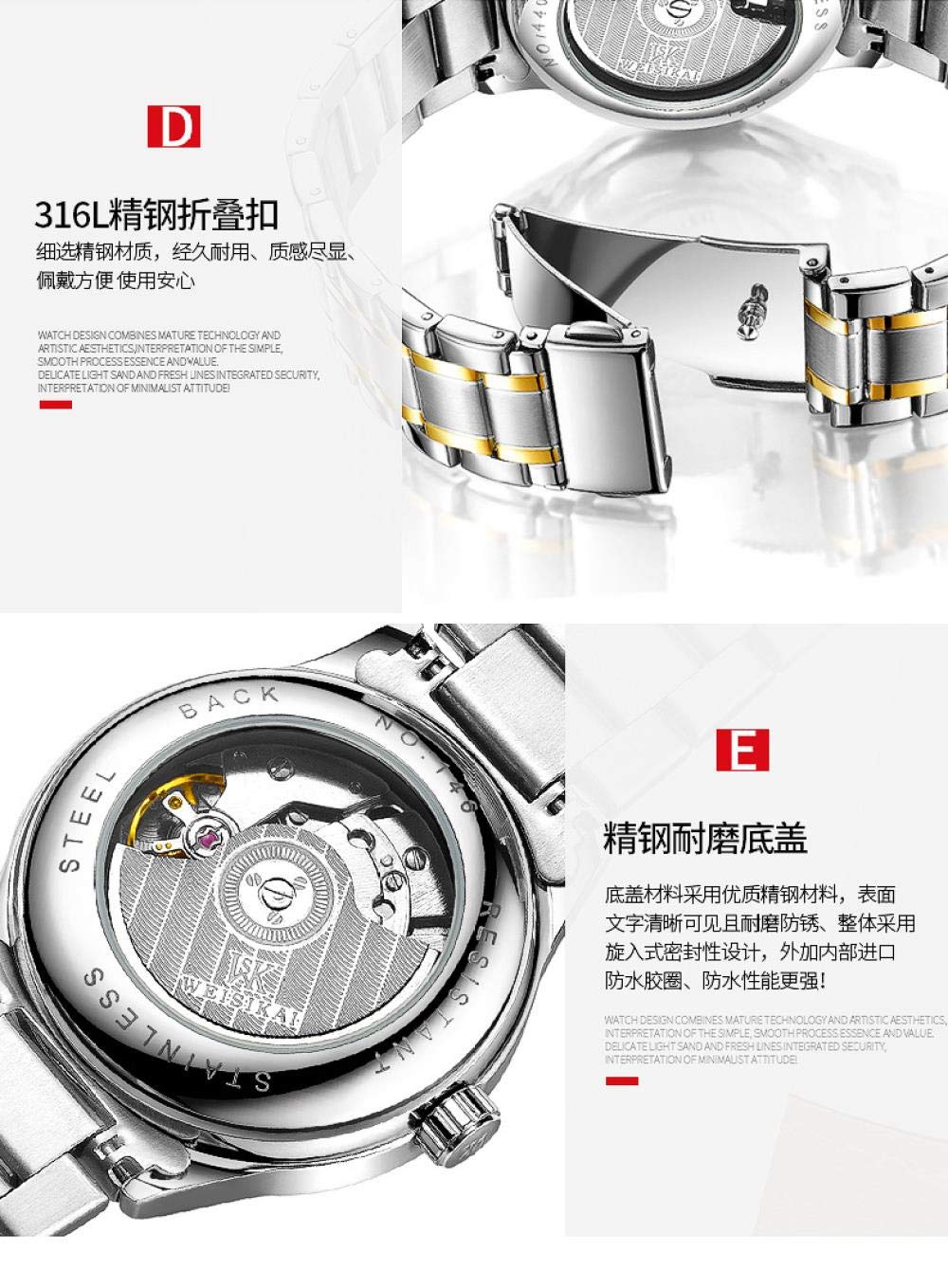 Ourui Orologi Da Polso,Orologio Meccanico Automatico Coppia Semplice Scala Romana, Donna Bianco Naturale