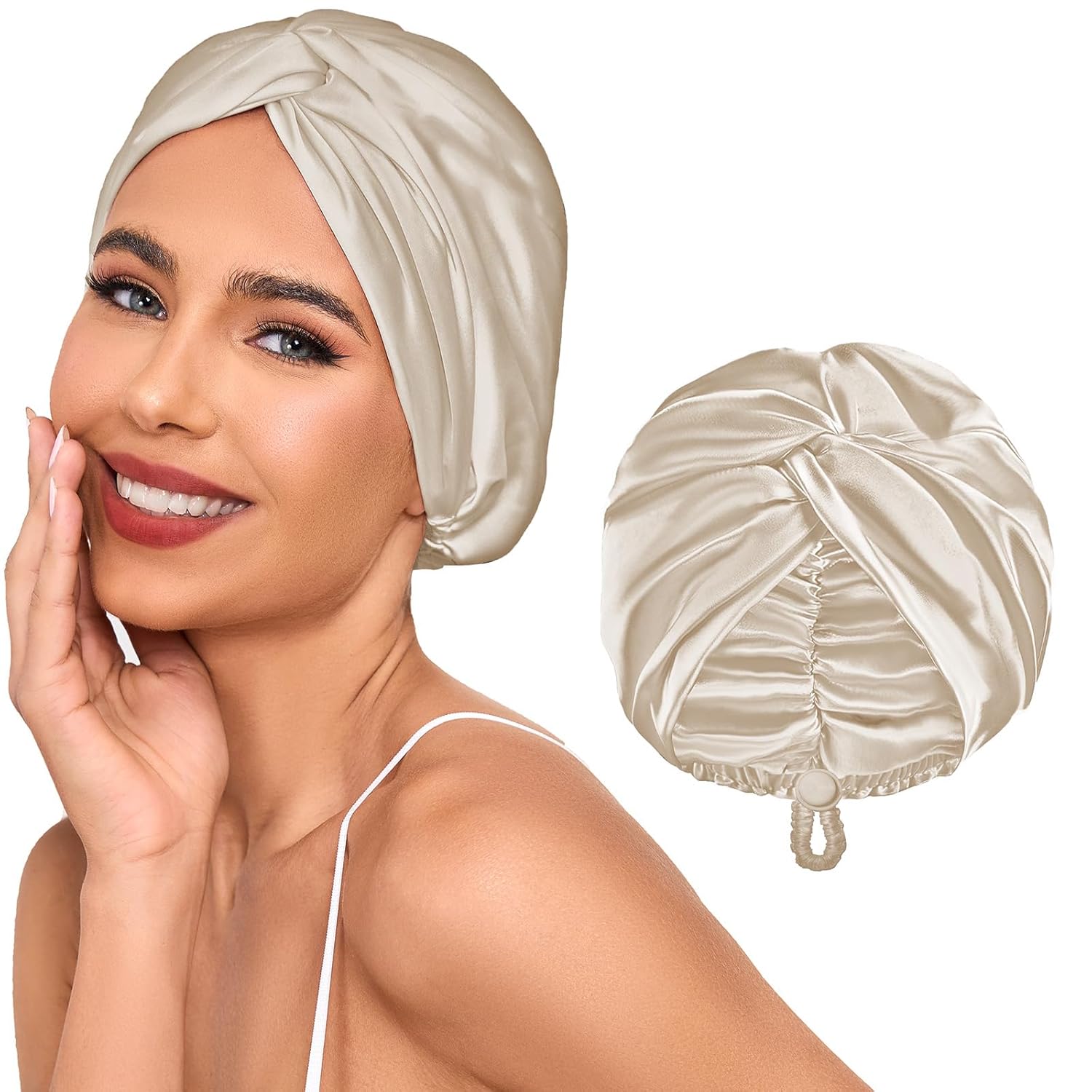 Adjustable Silk Satin Hair Bonnet for Sleeping Women, Double Layer, Silk Hair Wrap for Sleeping Women Men, Curly Natural Braid Straight Unisex - Champagne
