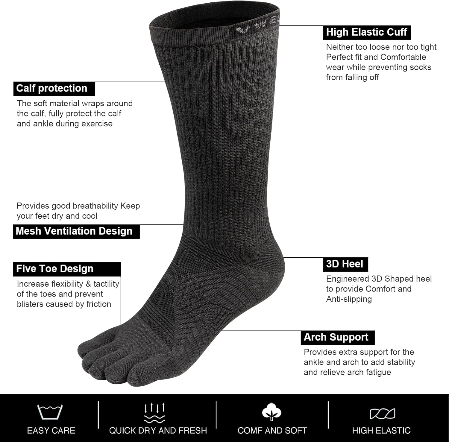 VWELL Toe Socks for Men Women Running COOLMAX Mid-Calf Finger Socks Athletic Breathable Five Toe Design Quick Dry, 3Pairs - Image 4