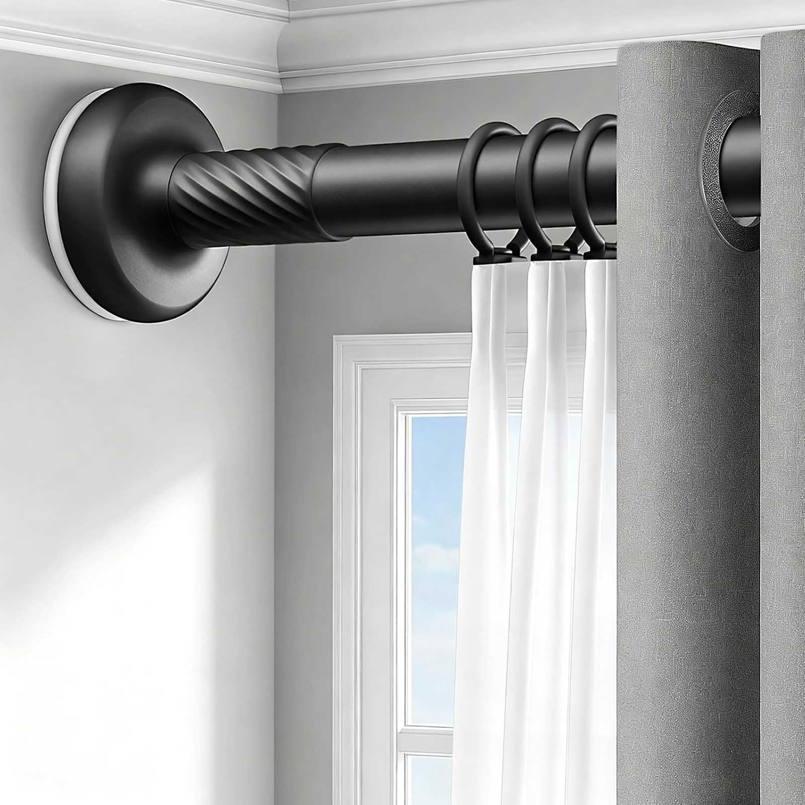 Tension Window Curtain Rod 28-193 in, Stainless Steel Spring Loaded Curtain Rod No Drilling with Rings for Home, Windows, Bathroom, Closet(Black,240-310cm/95-122in)