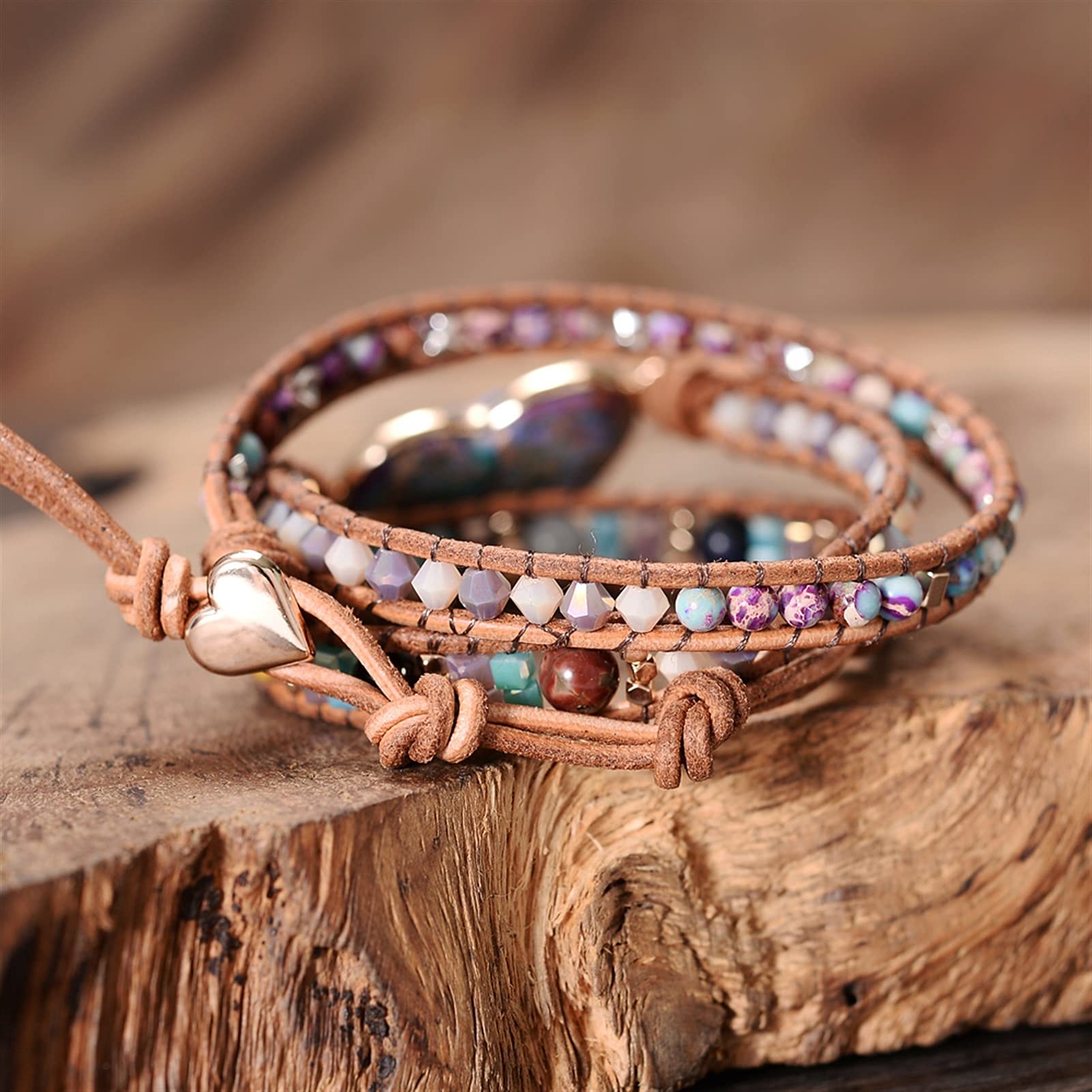 Liebes-Herz-Stein-Wickelarmbänder, handgefertigt, geflochtene Perlen, dreifache Freundin, böhmischer Schmuck, Geschenk-Armband-Schmuck