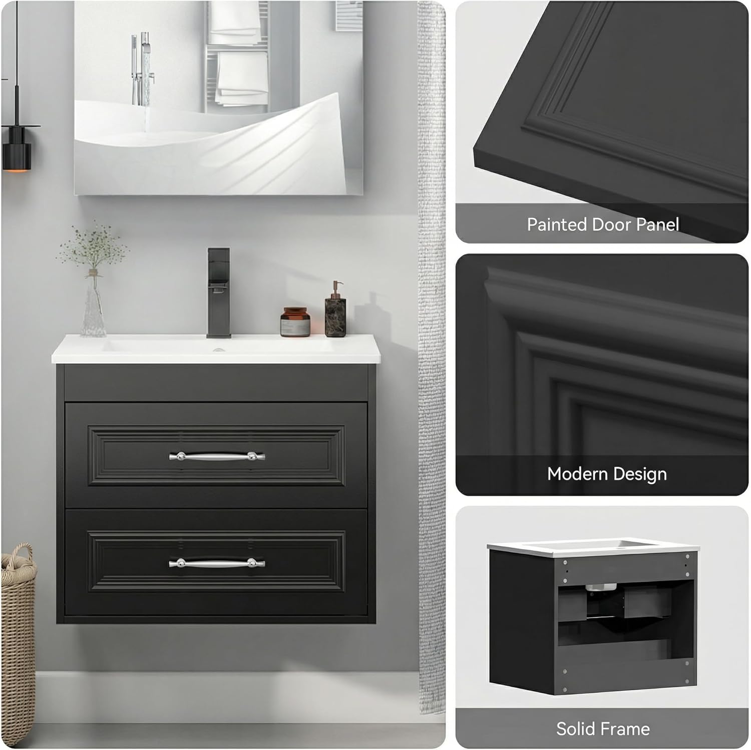 YOURLITE 24" Floating Bathroom Vanity with Sink, Painted Surface Wall Mounted Bathroom Vanity Cabinet, Soft Closing System, 2 Large Drawers, Ceramic Sink, Black