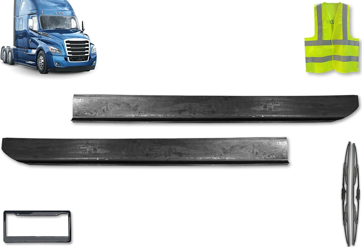 KOZAK Front Skirt Fairing Panel Stripe Long Set Compatible with Freightliner Cascadia 2018+, Right Passenger & Left Driver Side,+ Logo, 2X 22 Windshield Wipers, License Plate Frame, and Vest