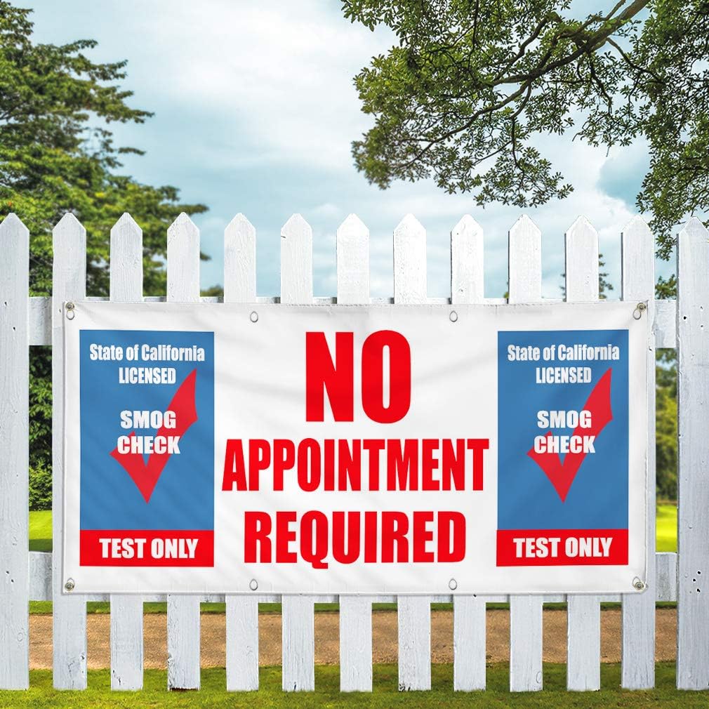 Vinyl Banner Multiple Sizes No Appointment Required Smog Check Test Automotive Outdoor Weatherproof Industrial Yard Signs Blue 4 Grommets 24x36Inches